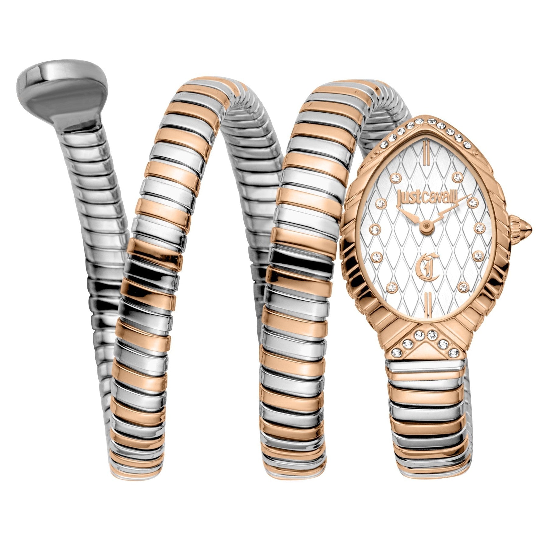 Just Cavalli Specchio watch displayed in multiple angles showing two-tone steel and rose gold bracelet strap