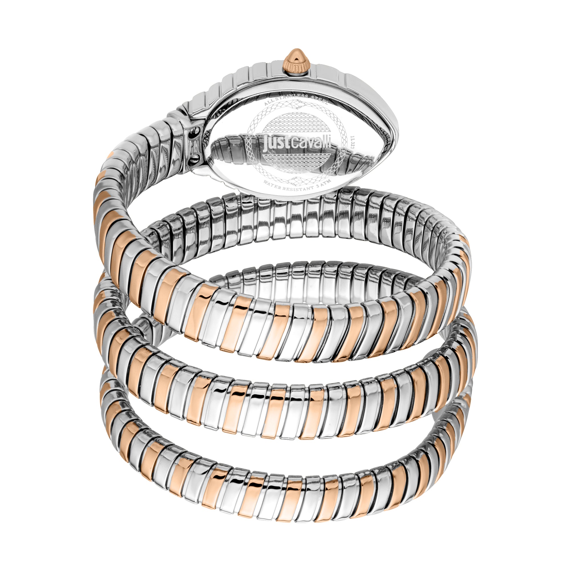 Just Cavalli Specchio snake-style two-tone steel bracelet strap wrapped display with silver dial watch face