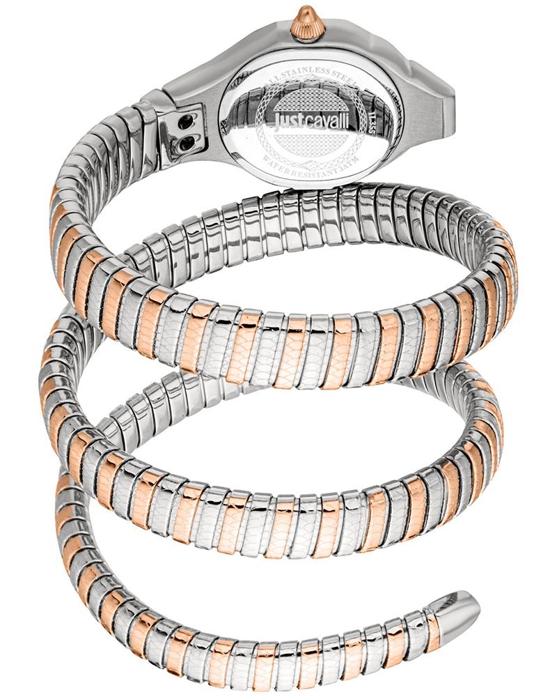 Triple-wrap snake design strap of Just Cavalli watch showing stainless steel and rose gold bands wound around watch