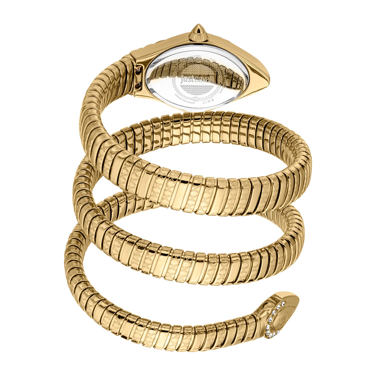 Just Cavalli gold watch wrapped in serpent coil band design showing full strap coverage