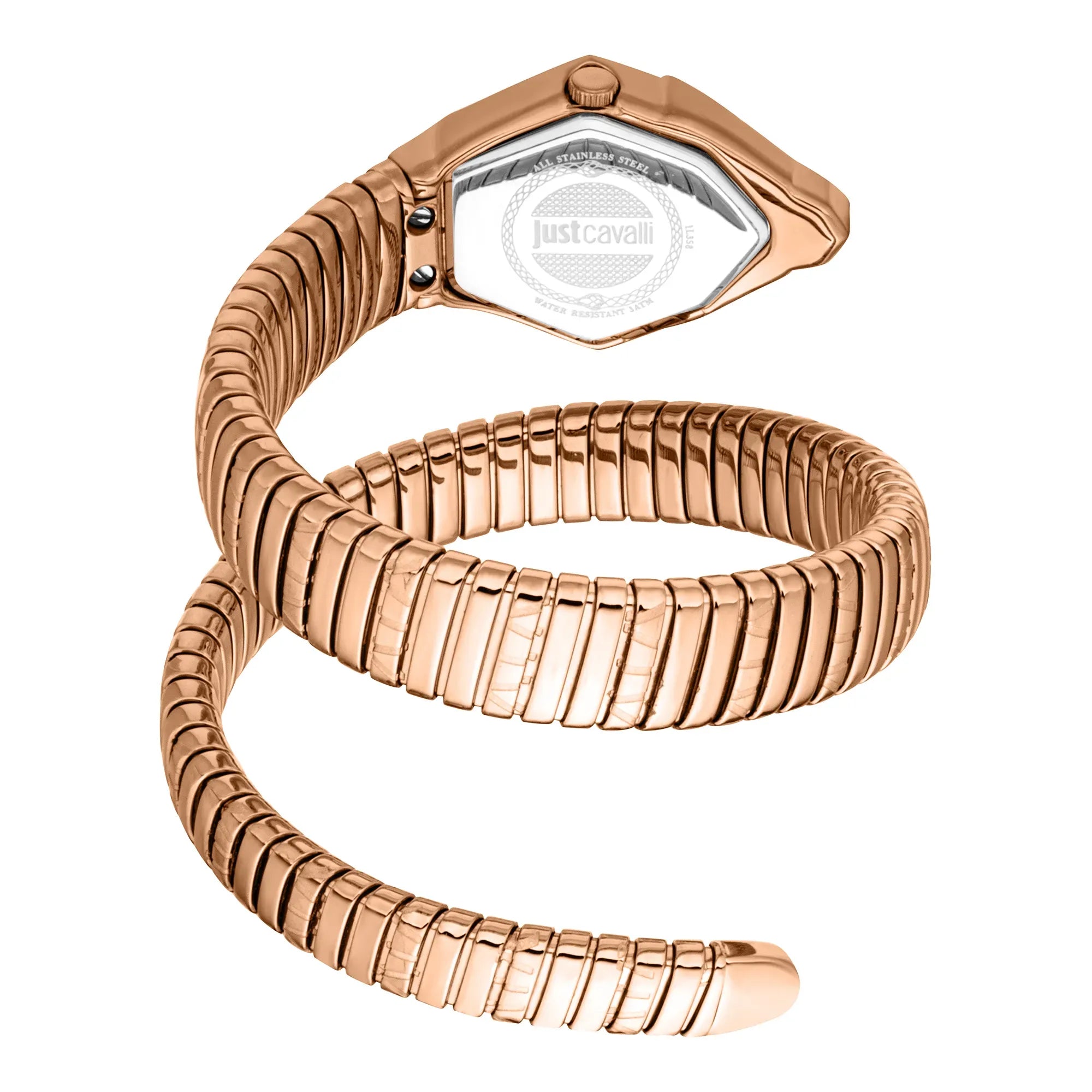 Rose gold snake-shaped watch caseback displaying Just Cavalli branding and case detail