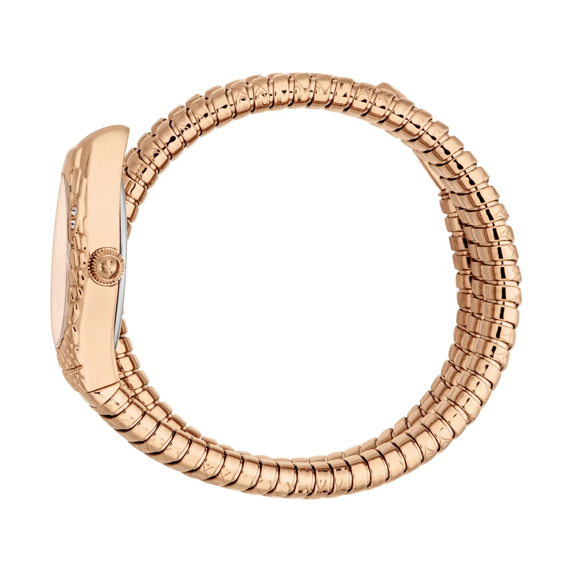 Rose gold snake wrap bracelet watch viewed from the side showing segmented design