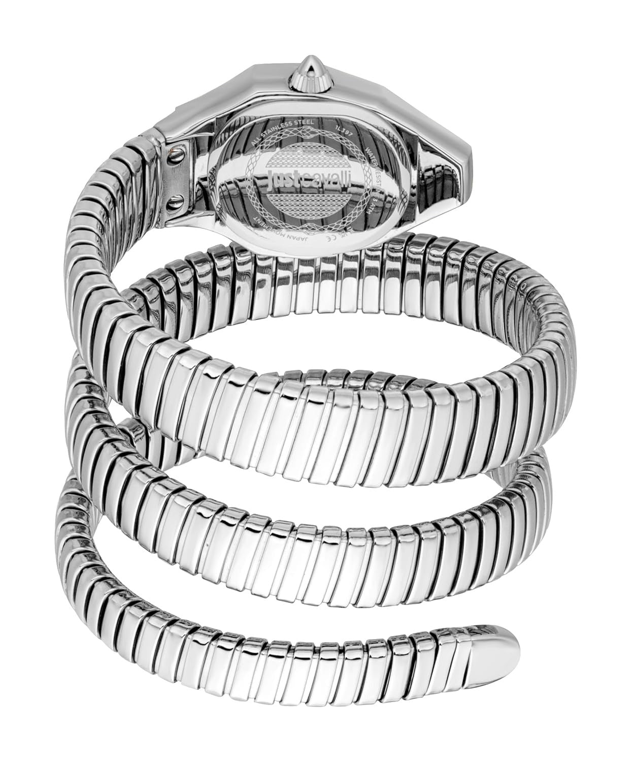 Just Cavalli JC1L397M0025 wrapped coil strap detail with black dial visible at top