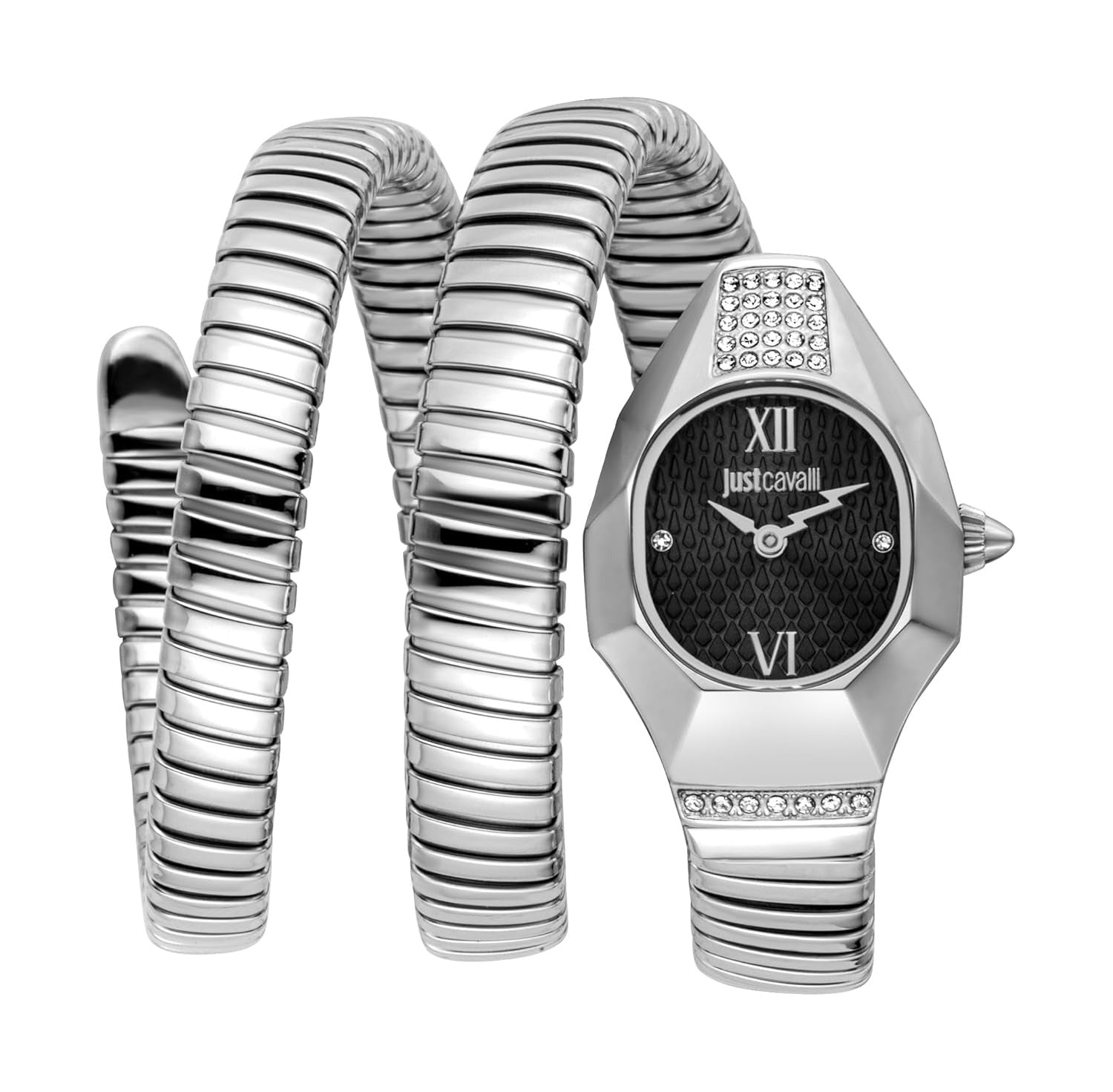 Just Cavalli silver women's watch with black dial, Roman numerals, coil strap and crystal-set case