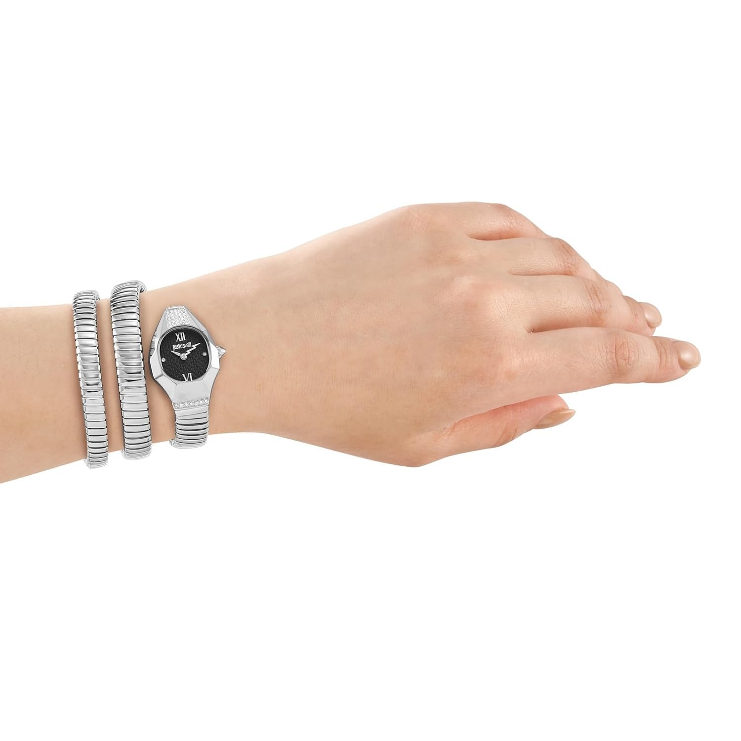 Just Cavalli JC1L397M0025 silver watch worn on wrist with coil strap bracelets