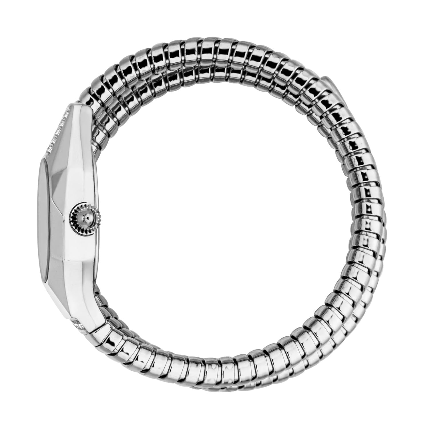 Just Cavalli JC1L397M0025 watch side profile showing metal coil strap bracelet