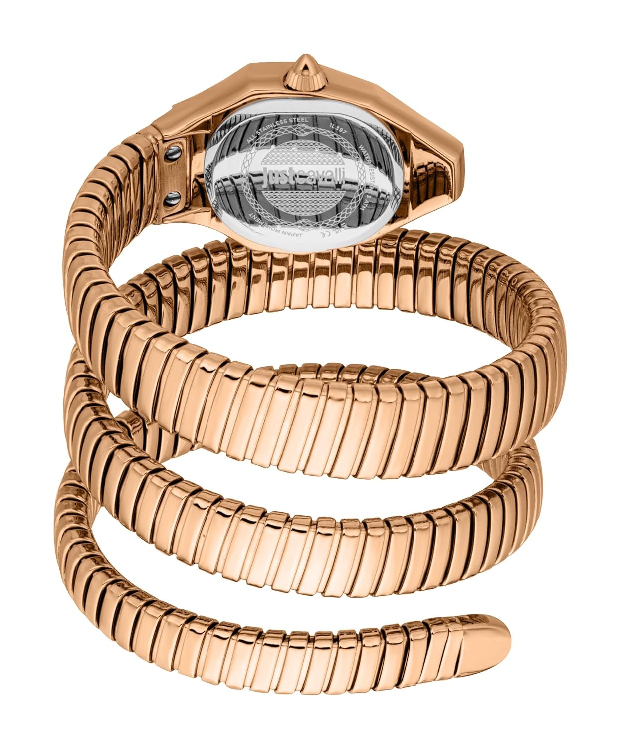 Just Cavalli Lunara watch caseback detail with coil strap wrapped around case