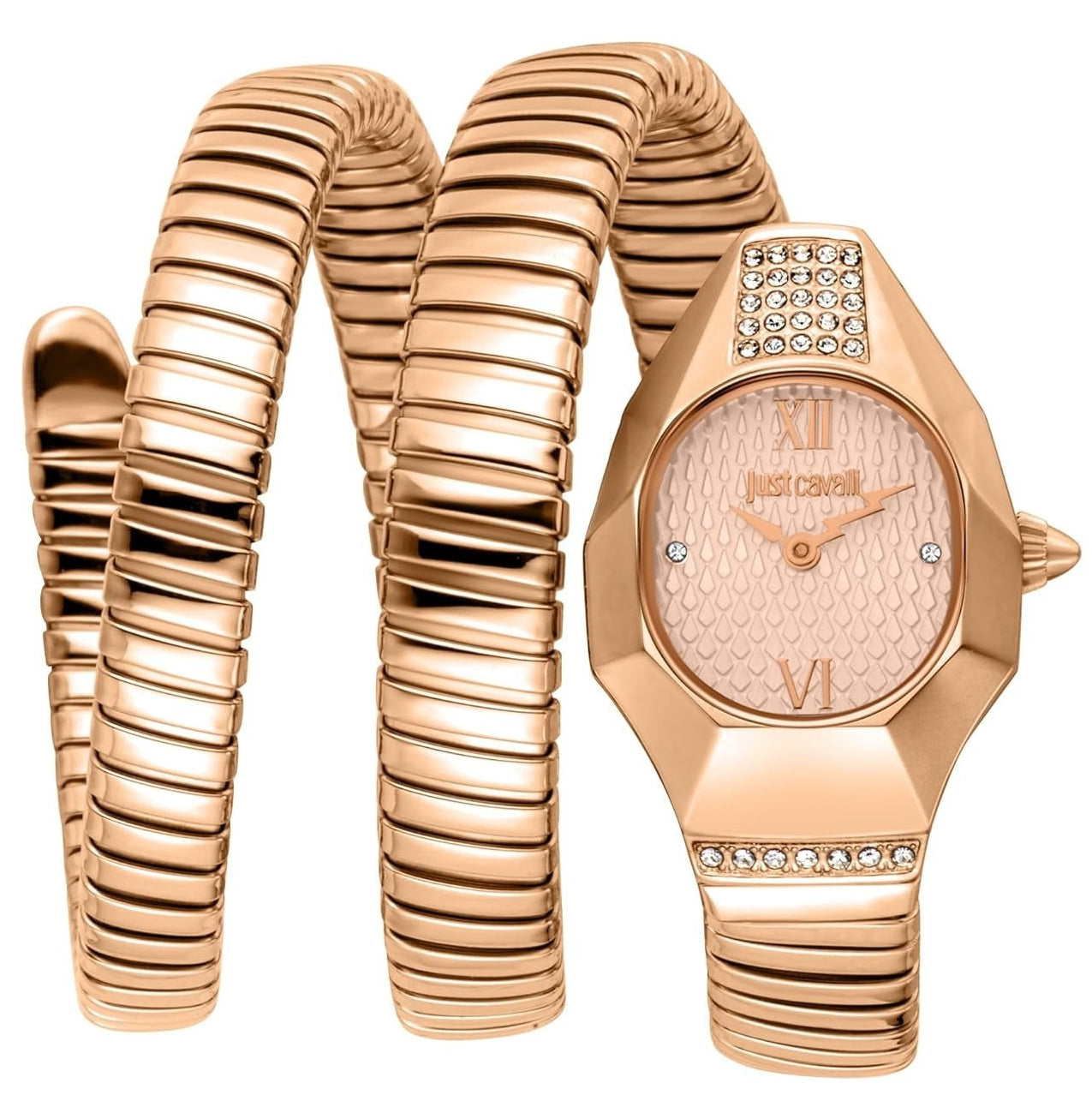 Just Cavalli Lunara rose gold women's watch with matching rose gold steel coil strap
