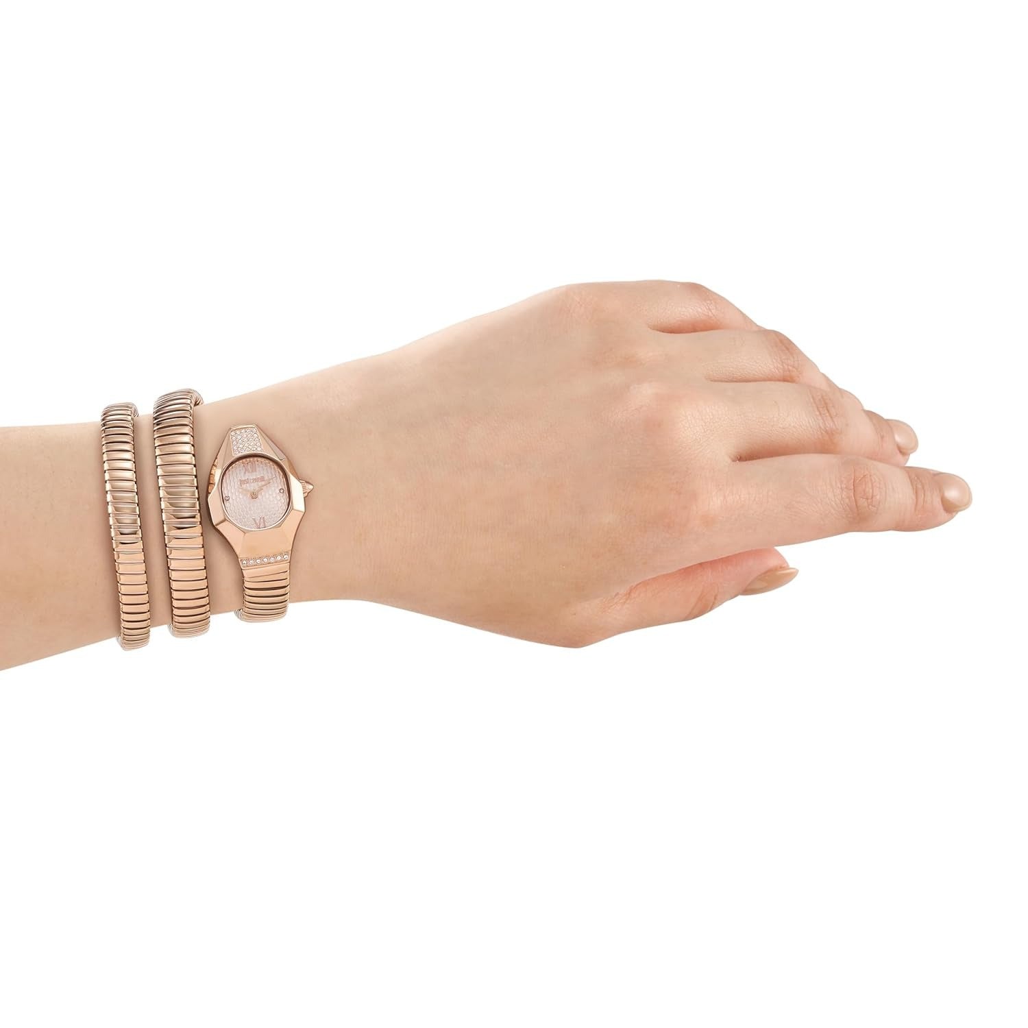 Just Cavalli Lunara rose gold watch worn on wrist with matching rose gold steel strap