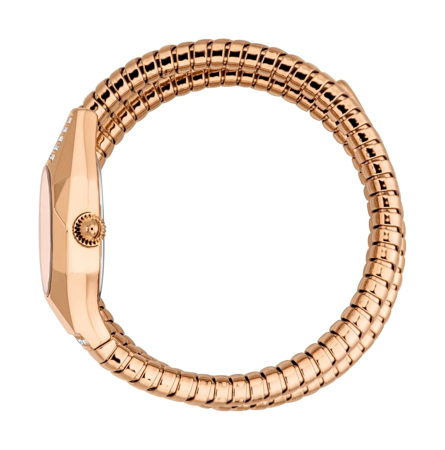 Just Cavalli Lunara rose gold watch side profile showing octagonal case shape and coil strap
