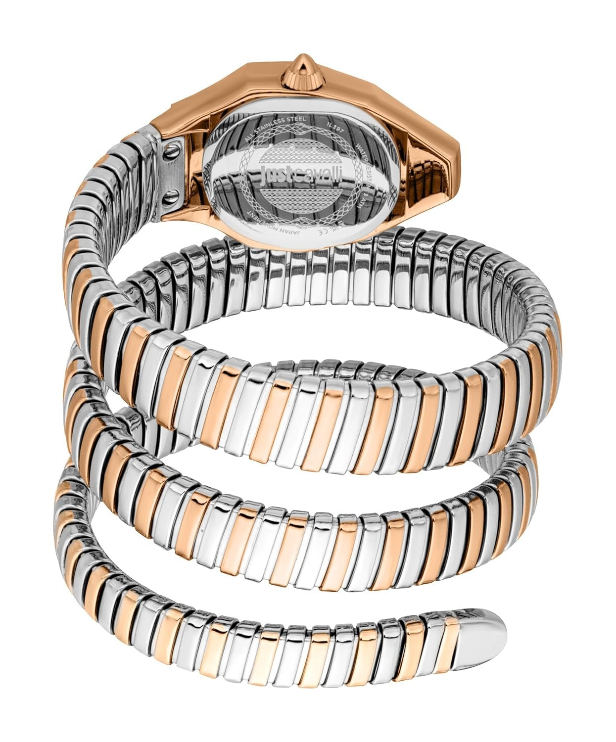 Angled view of Lunara watch with wrapping two-tone bracelet and visible case details