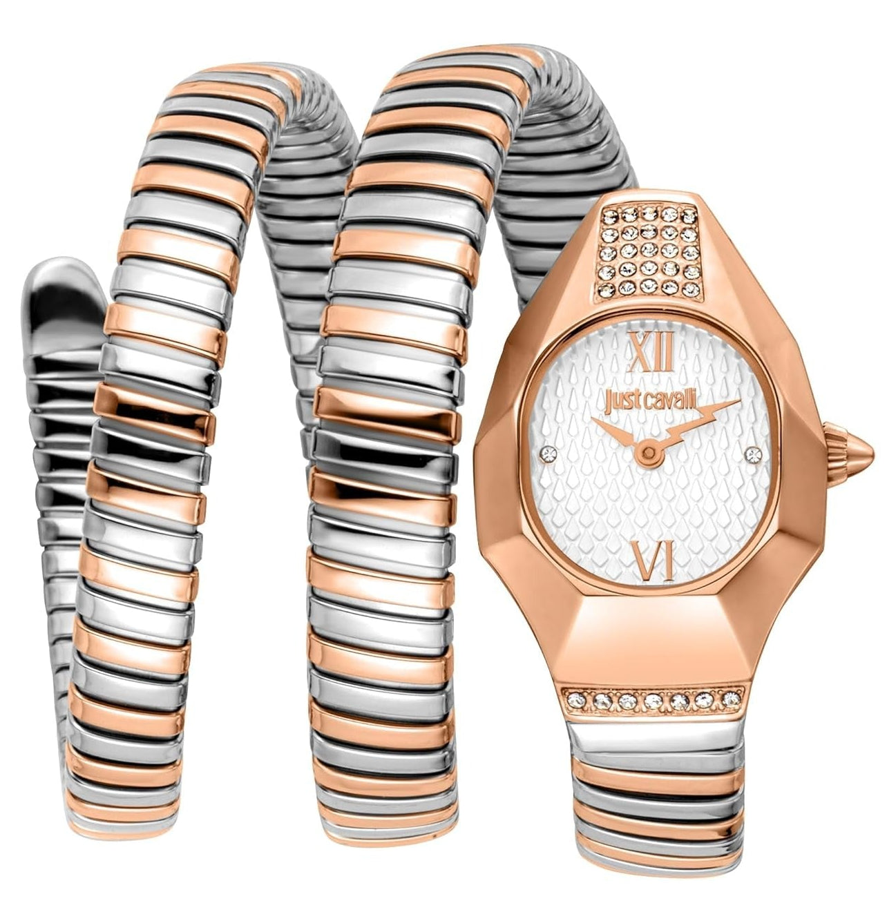 Just Cavalli Lunara oval silver dial women's watch with two-tone rose gold and silver bracelet