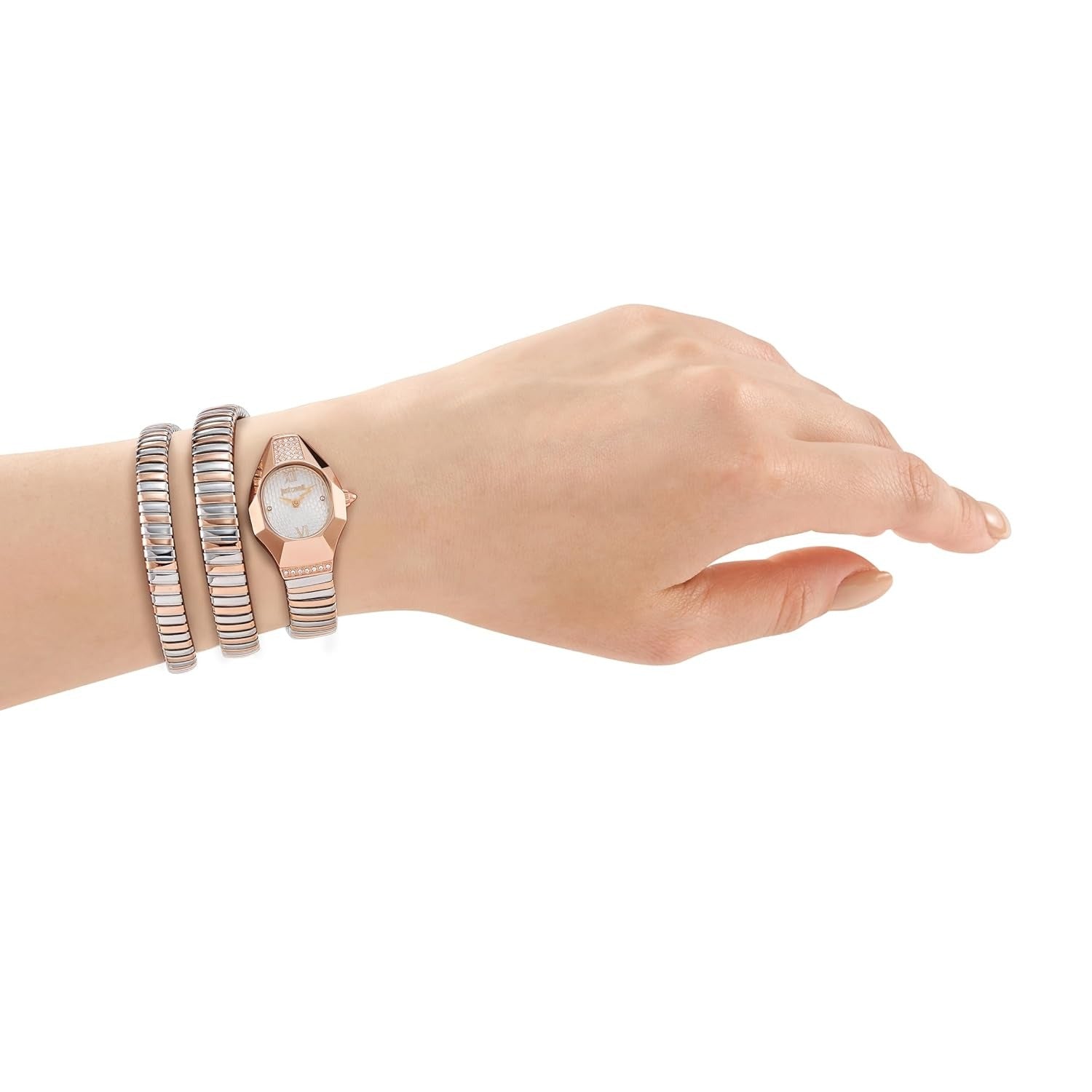 Lunara women's watch worn on wrist with two-tone rose gold and silver bracelet