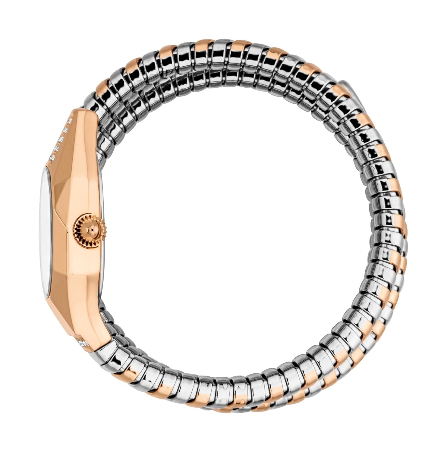 Side view of Lunara watch showing two-tone rose gold and silver linked bracelet