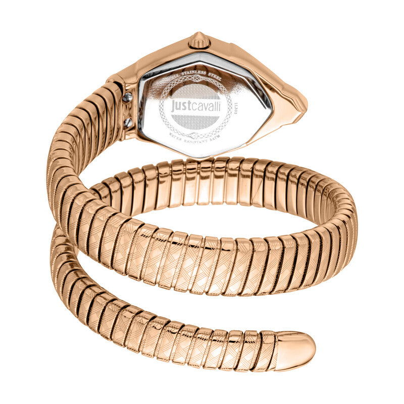 Just Cavalli Ornato Snake watch displayed from angled view showing wrapped rose gold snake-link bracelet design