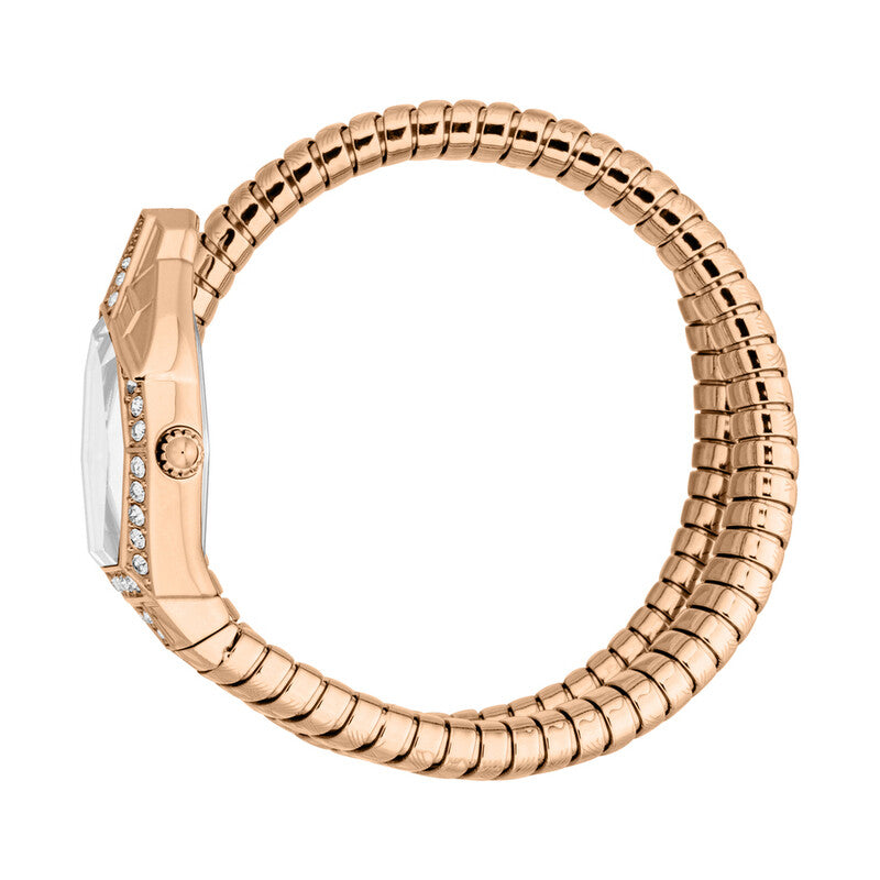Just Cavalli Ornato Snake watch shown flat in circular band view highlighting flexible snake-link bracelet