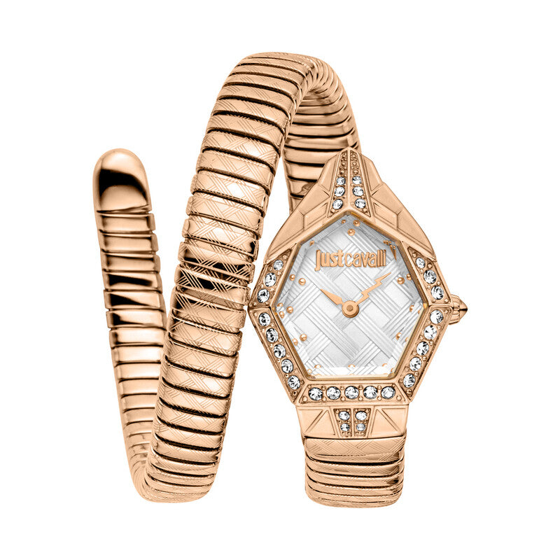 Just Cavalli Ornato Snake women's watch with rose gold case, silver dial, and matching snake-link bracelet