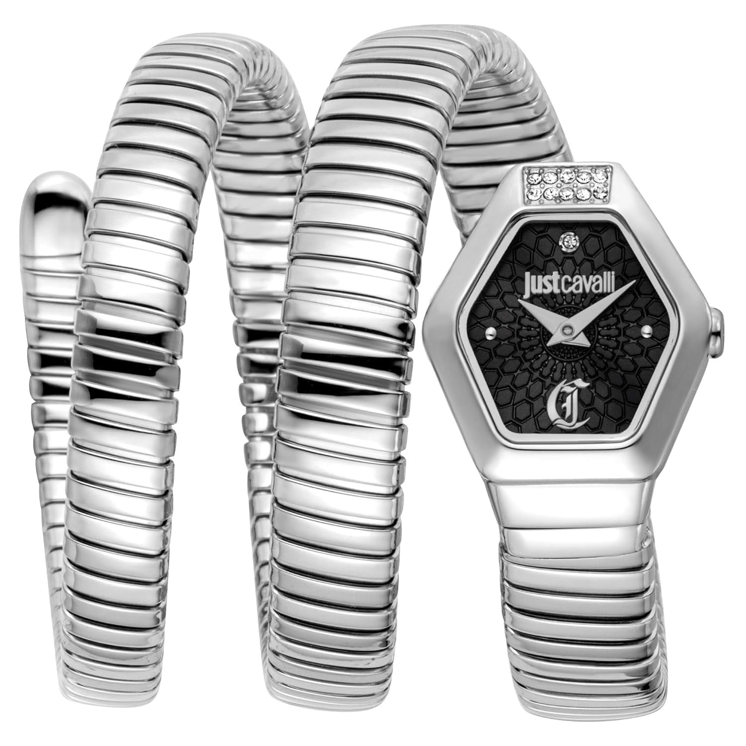 Just Cavalli Romina silver-tone women's watch with black hexagon dial, crystal crown, and coiled bracelet