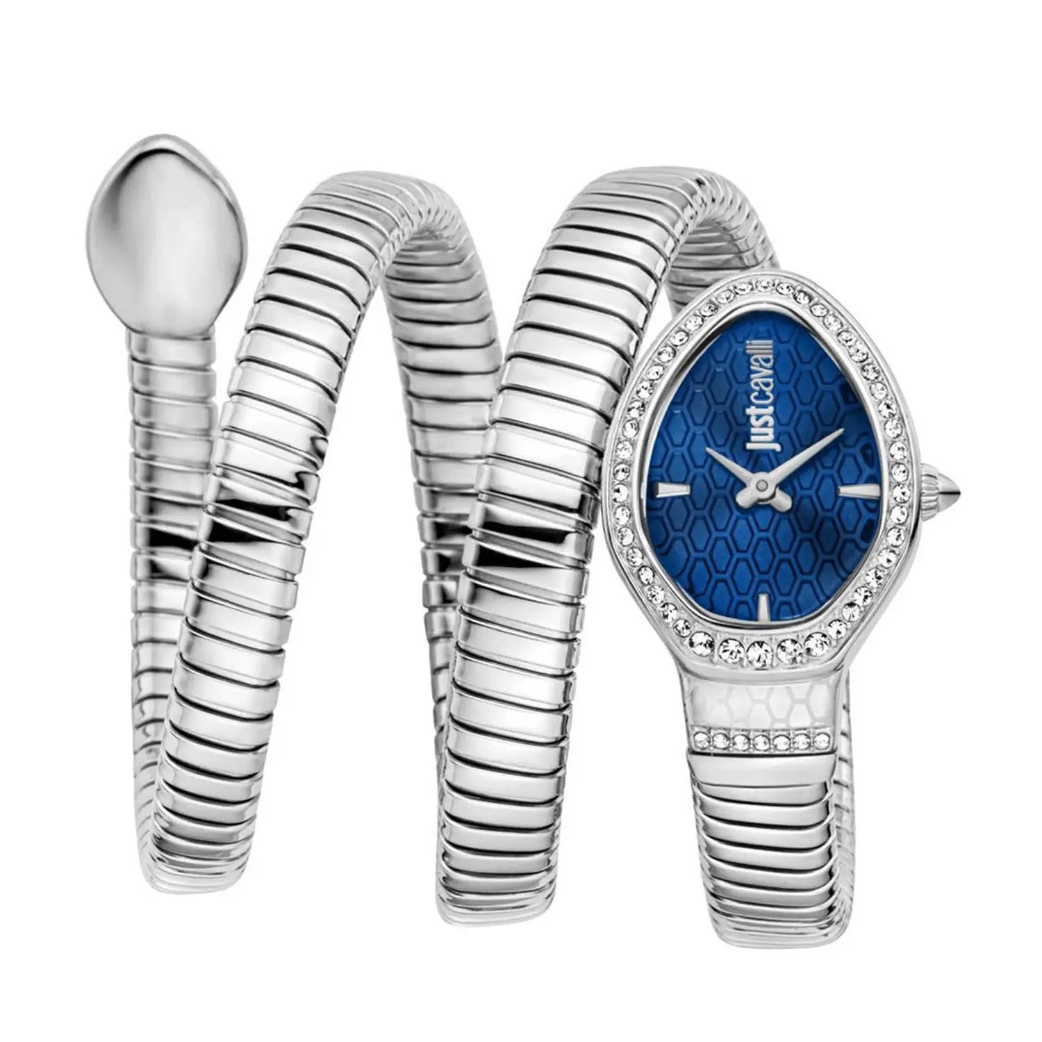 Just Cavalli Signature Snake quartz women's watch with blue dial, crystal bezel, and silver coiled snake bracelet