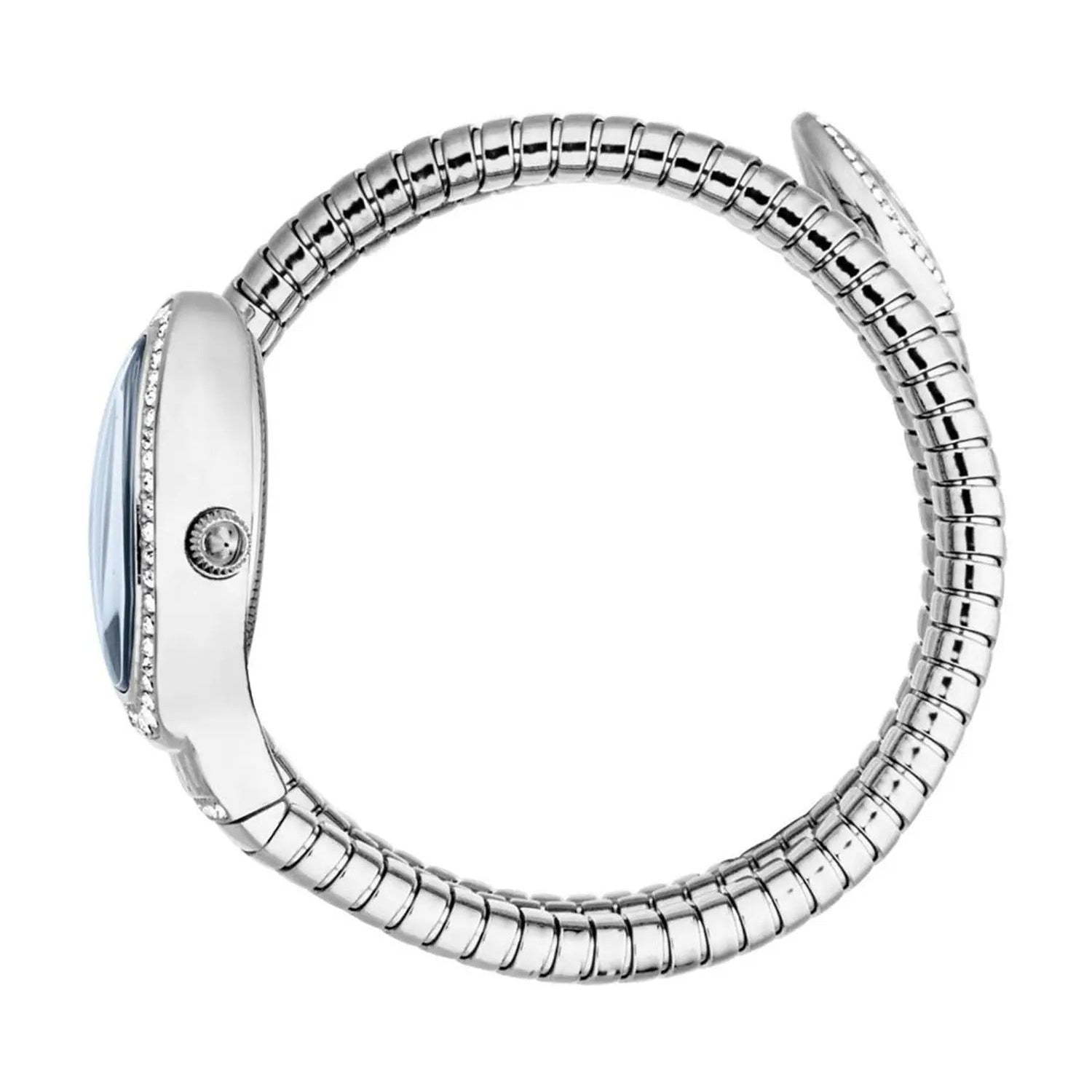 Just Cavalli Signature Snake watch worn, showing silver coiled snake-shaped bracelet design