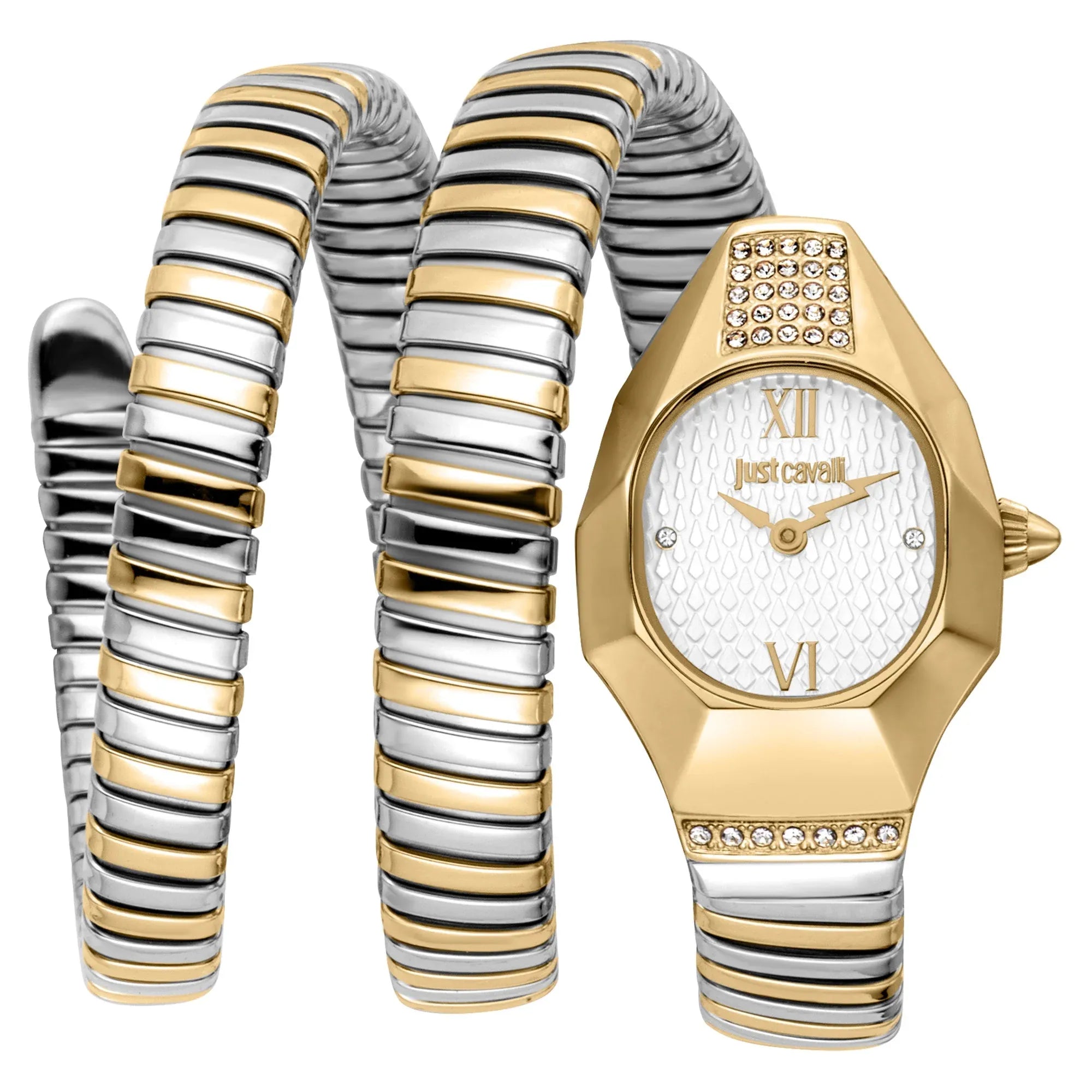 Just Cavalli Signature Snake Lunara watch with yellow gold and silver two-tone snake-wrap bracelet and white dial