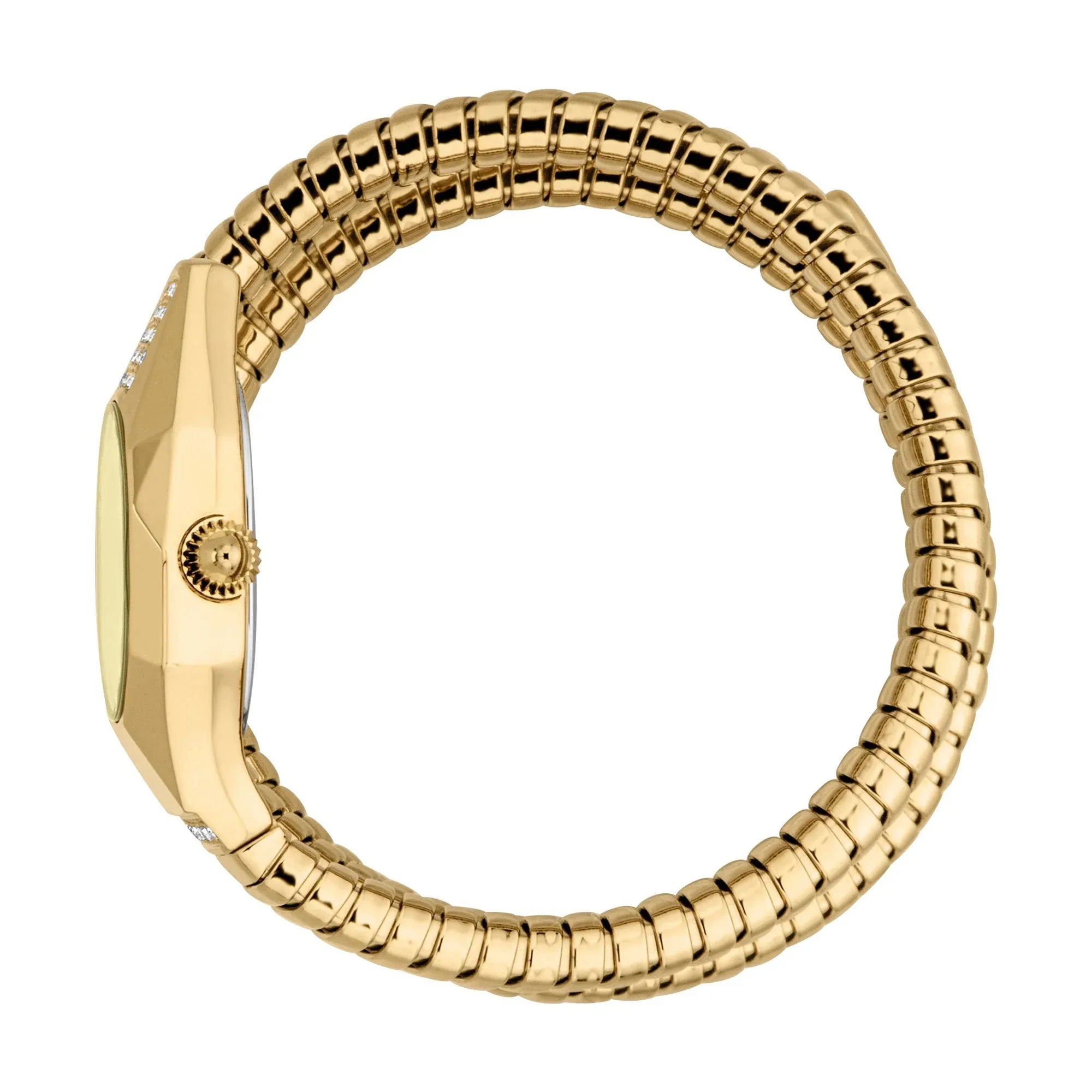 Just Cavalli Signature Snake Lunara watch displaying gold snake-wrap bracelet from the side