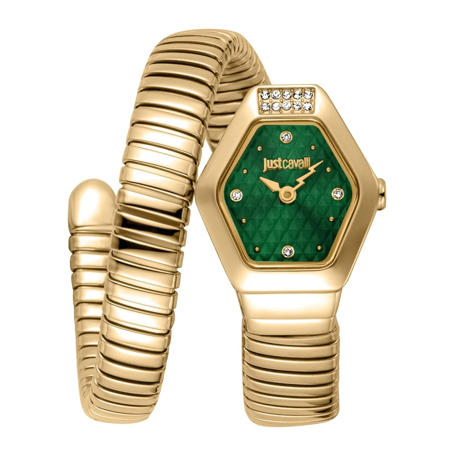 Just Cavalli Signature Snake Splora watch with yellow gold hexagonal case, green dial, and snake-textured bracelet