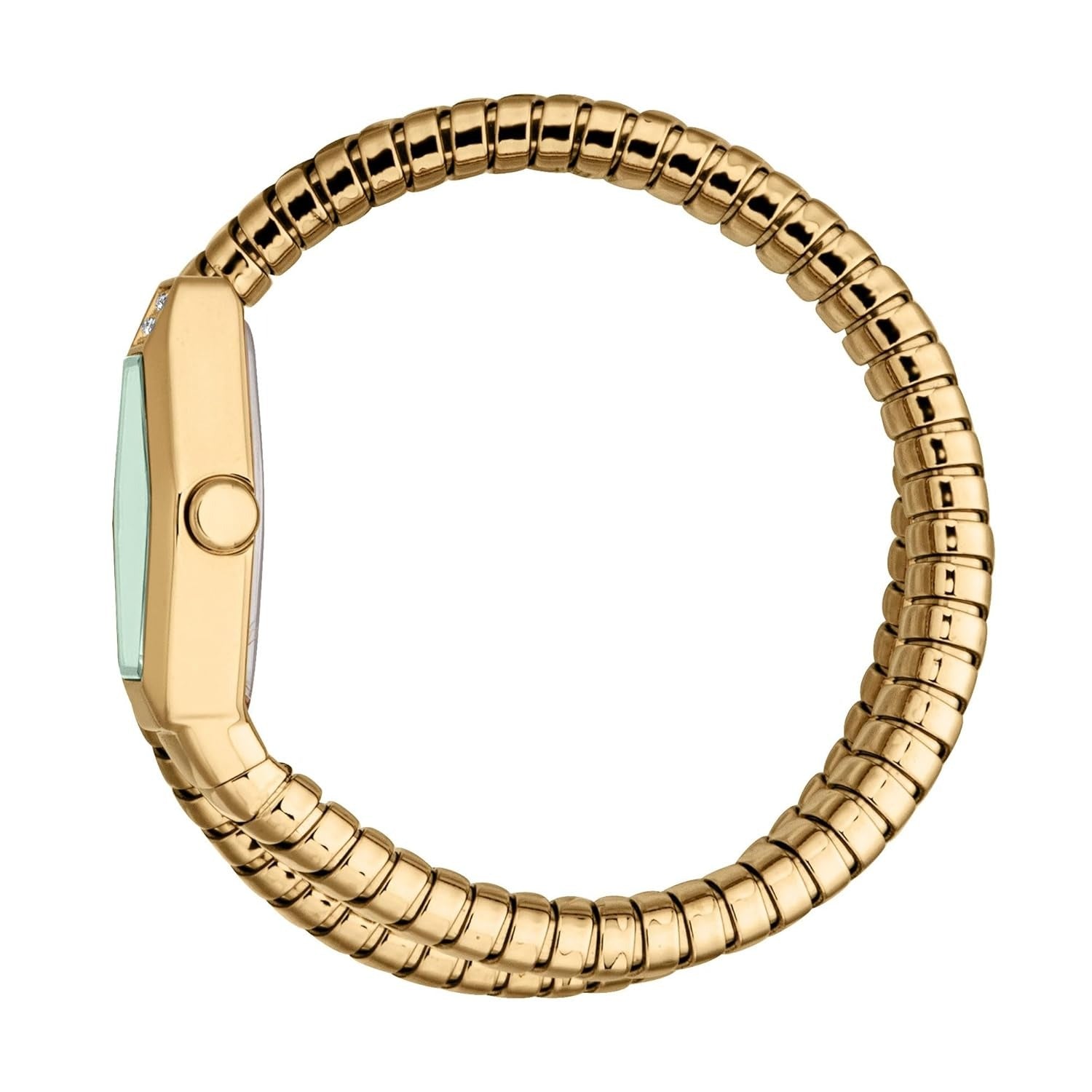Just Cavalli Signature Snake Splora watch side view showing segmented yellow gold bracelet strap