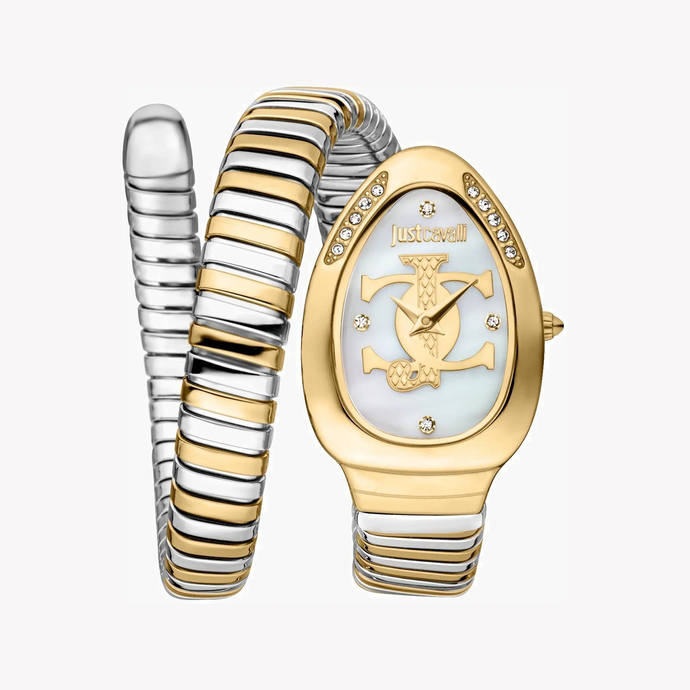 Just Cavalli Snake women's watch with gold oval face and dual-tone snake-wrap bracelet