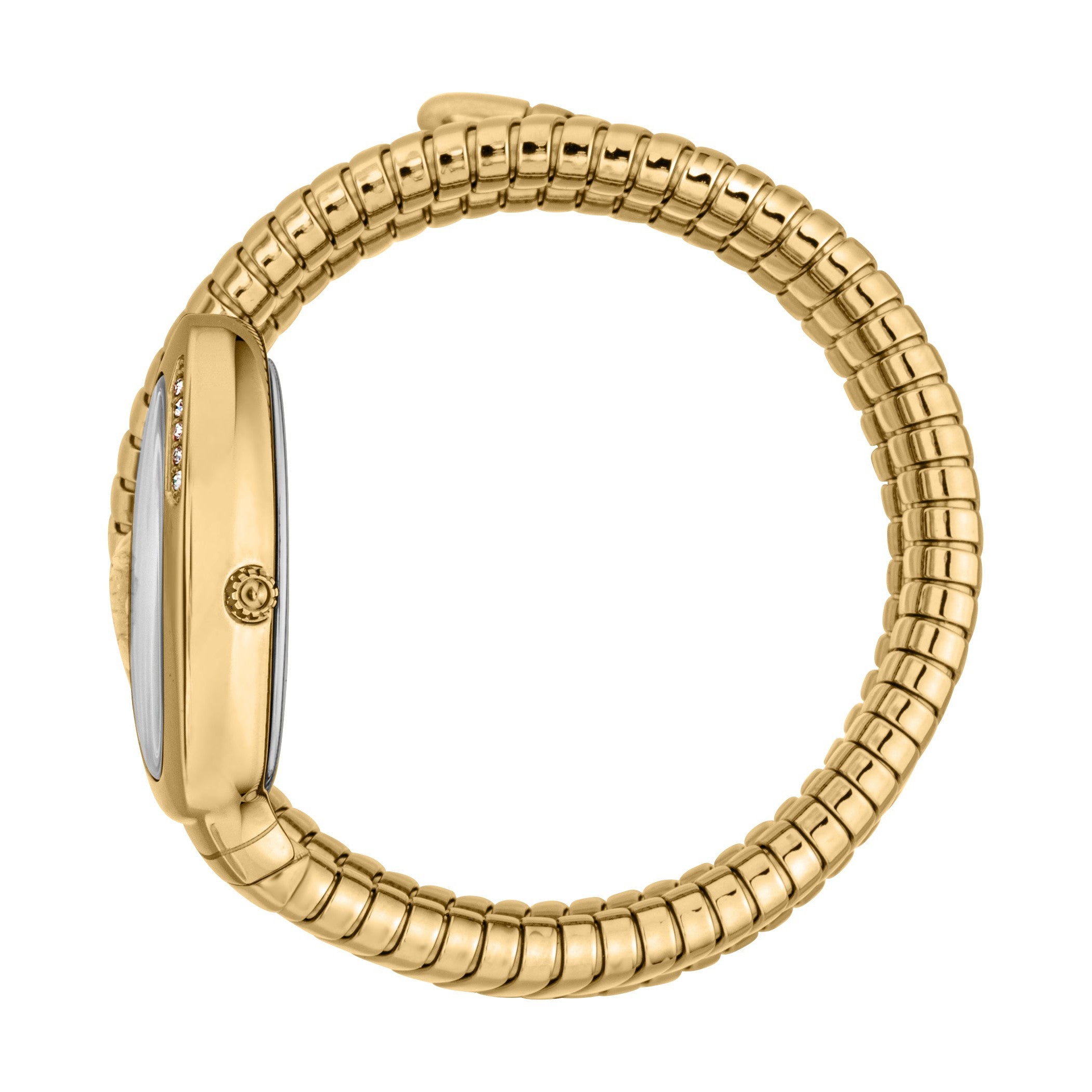 Gold-tone snake strap watch worn on wrist, showing side profile and flexibility