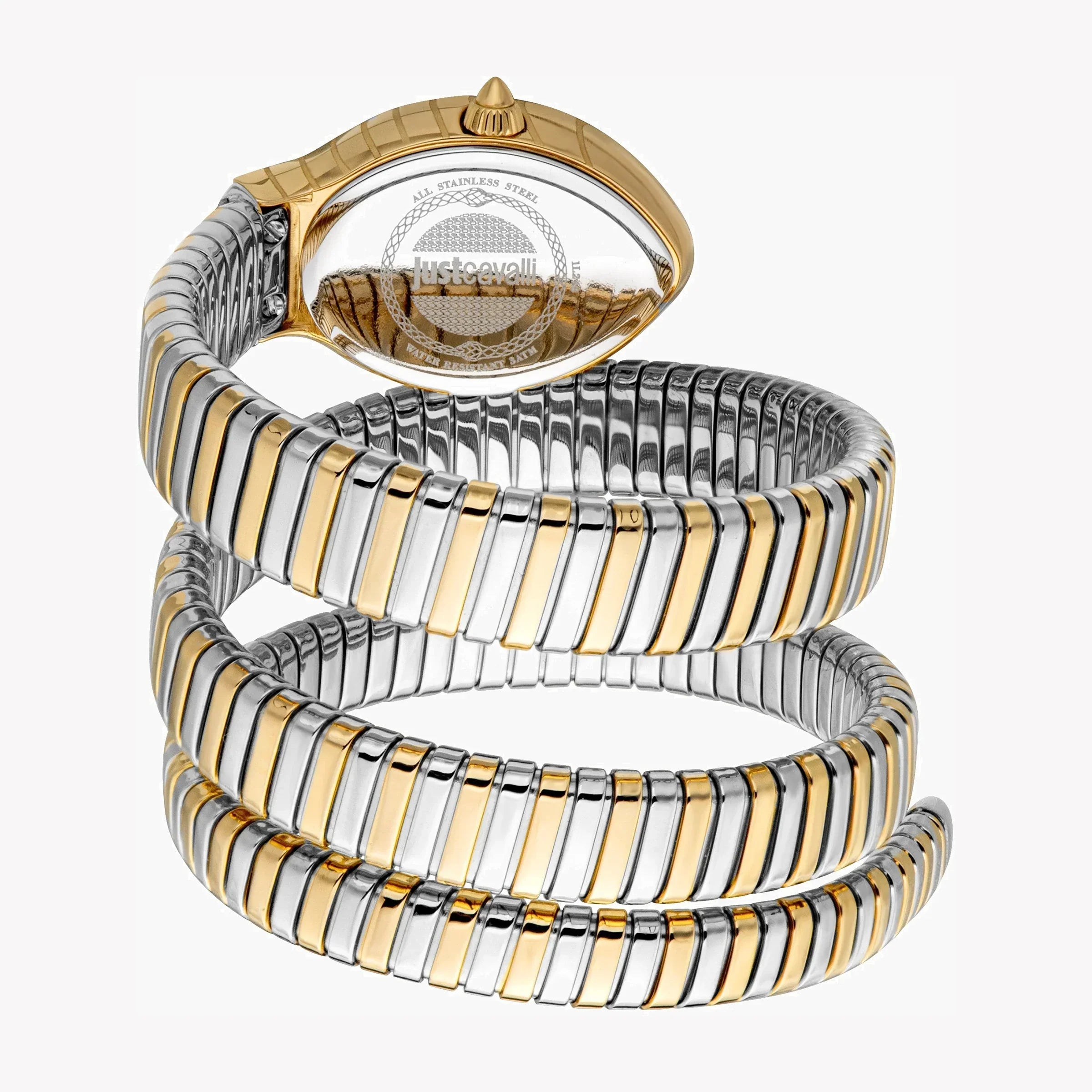 Just Cavalli Snake watch angled view displaying spiral coil bracelet design and case detail