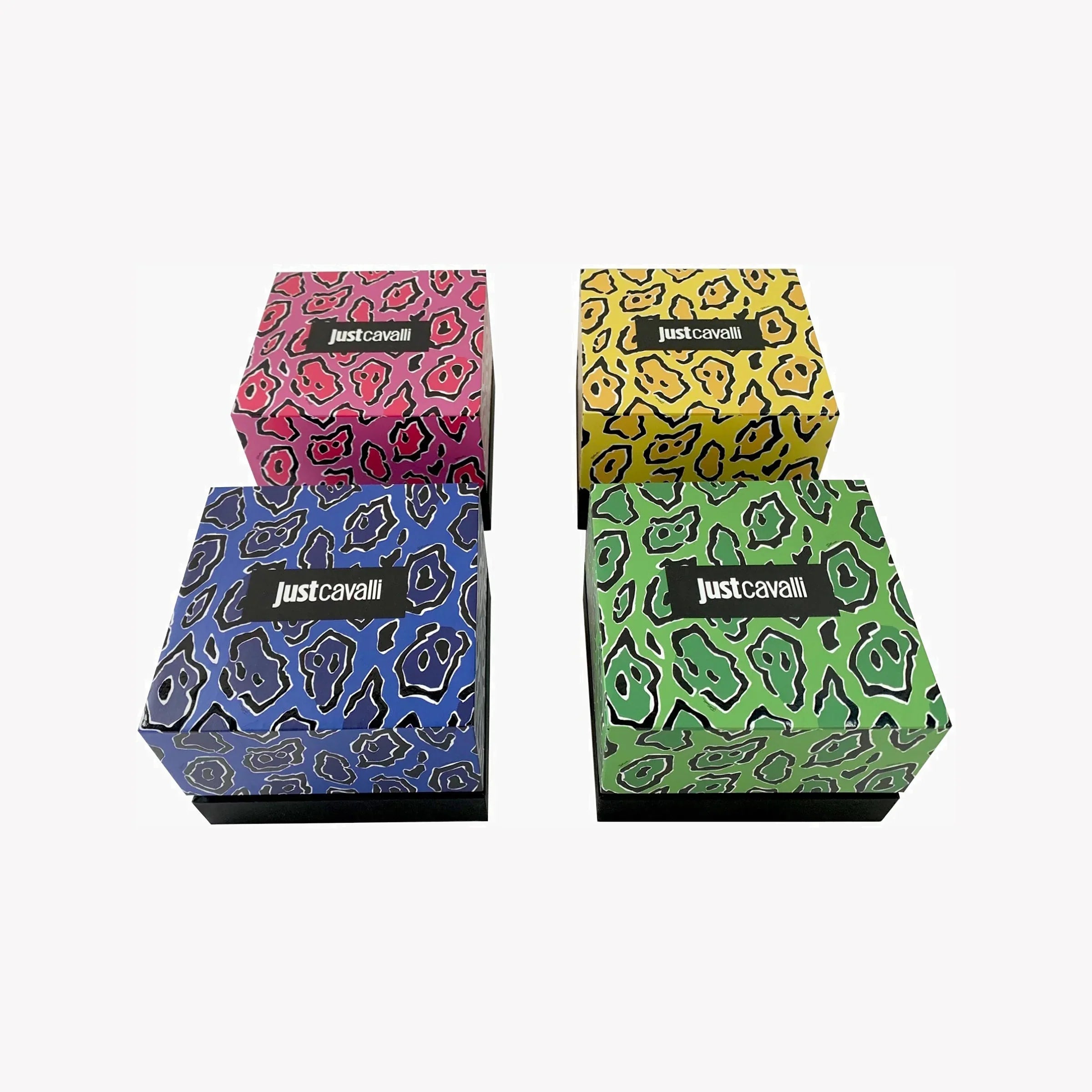 Just Cavalli product boxes in various colors with snake pattern branding