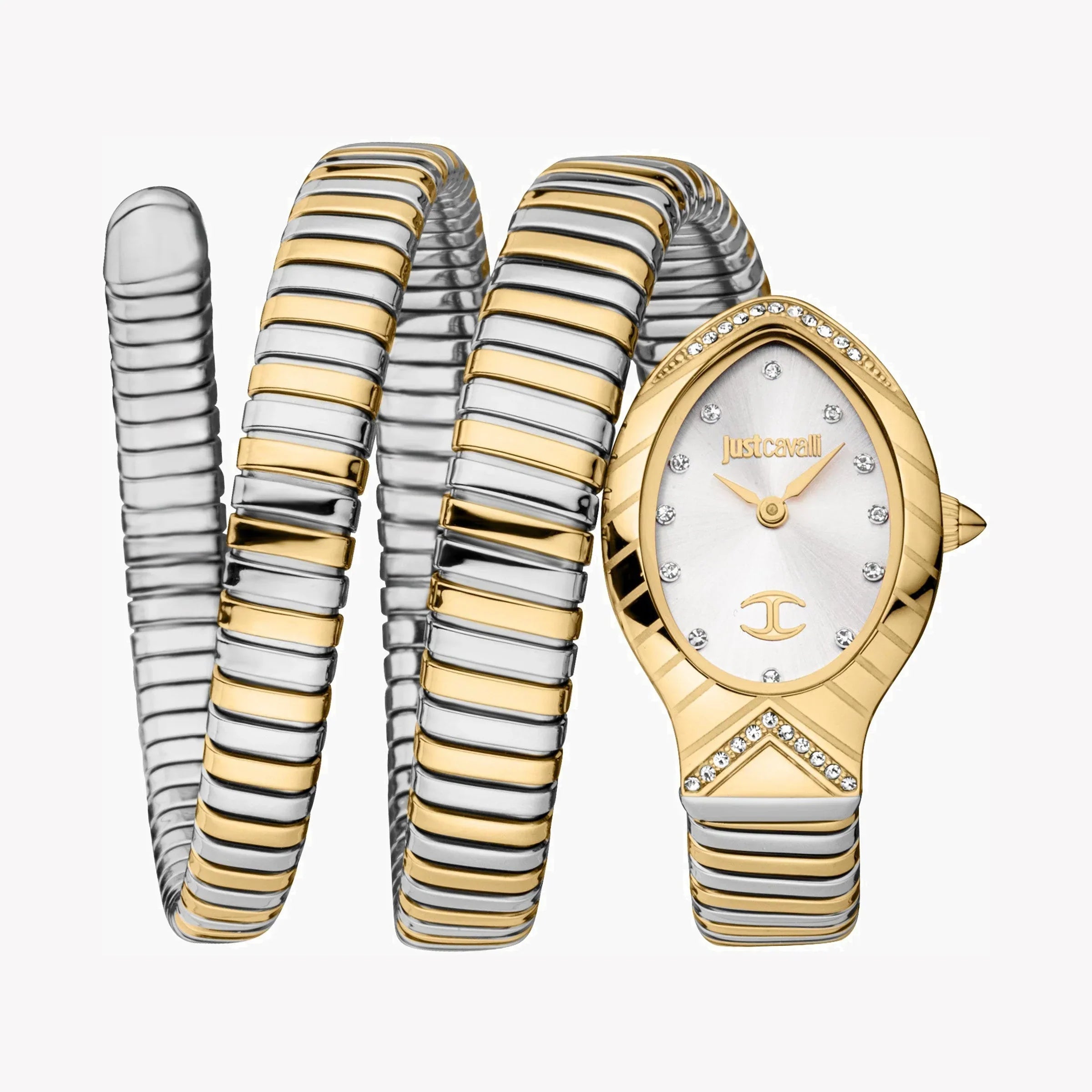 Just Cavalli Snake women's watch with two-tone gold and silver spiral bracelet and white dial