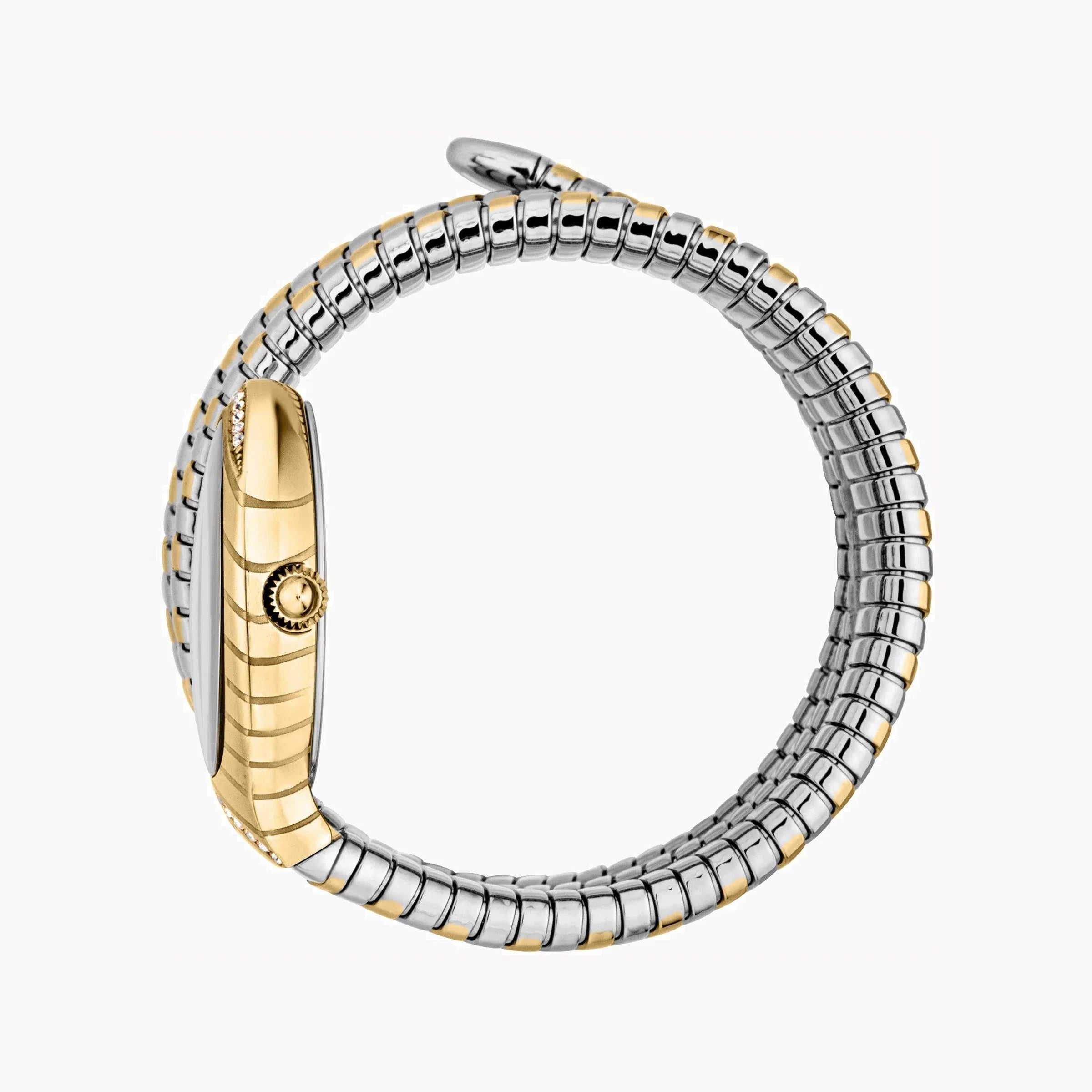 Just Cavalli Snake watch side view showing gold case and two-tone spiral bracelet band