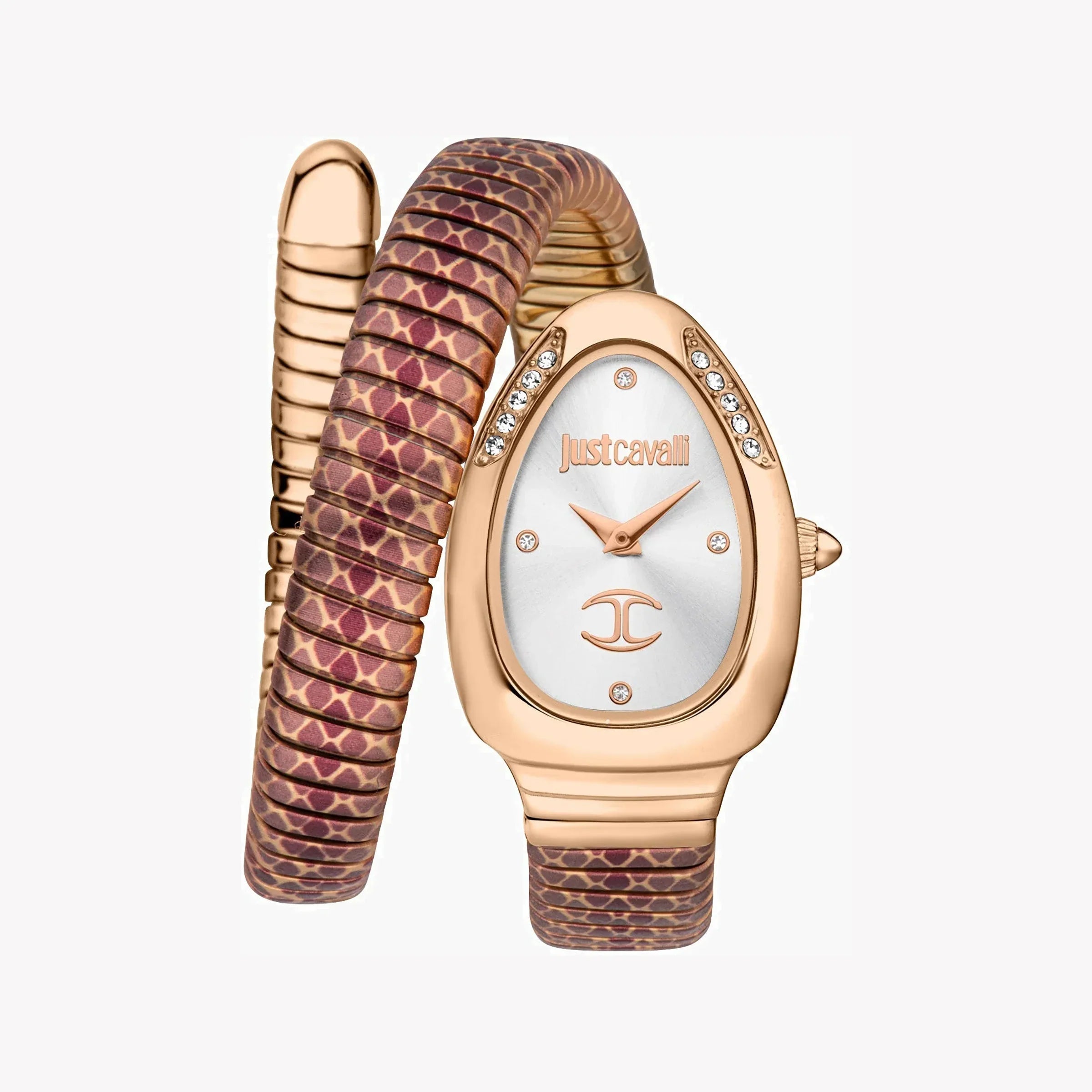 Just Cavalli Snake women's watch with rose gold case, white dial, and coiled snake-textured bracelet strap