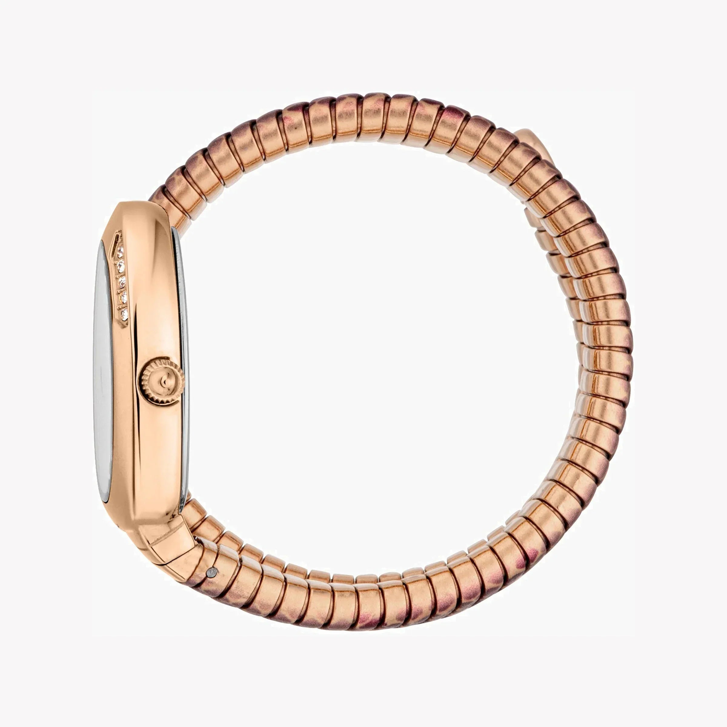 Side view of Just Cavalli Snake watch showing rose gold case and snake-textured expandable bracelet