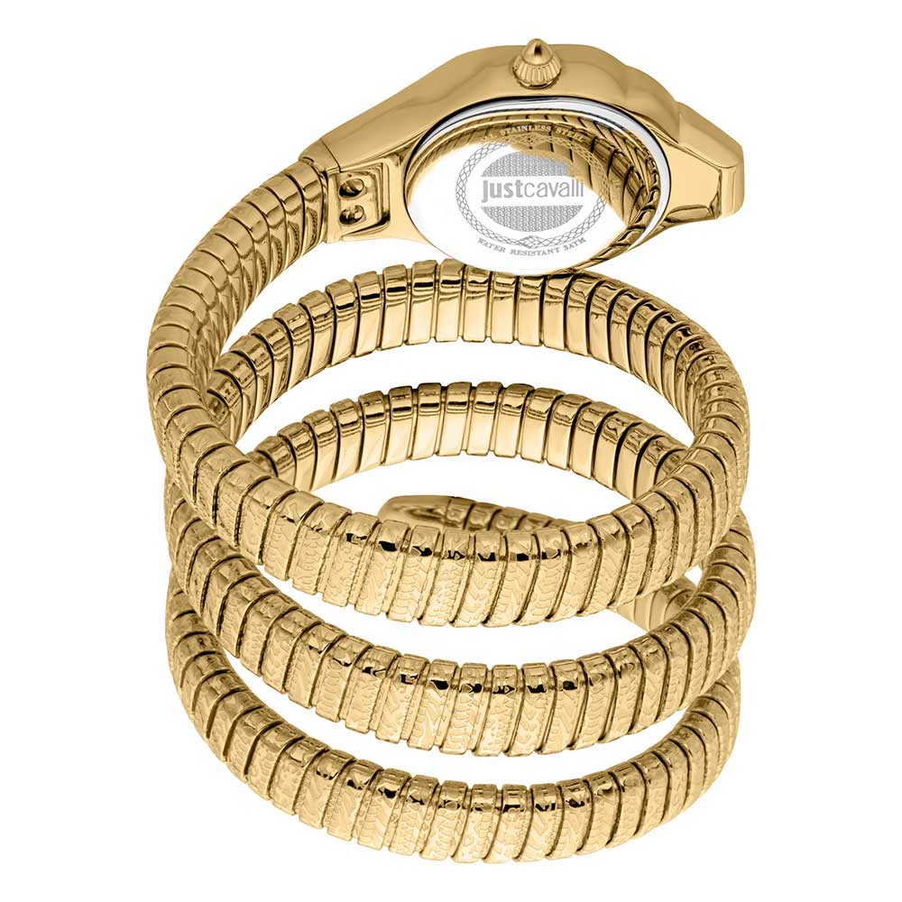 Just Cavalli SNAKE watch showcasing the sculptural snake-wrapped bracelet design with case back visible