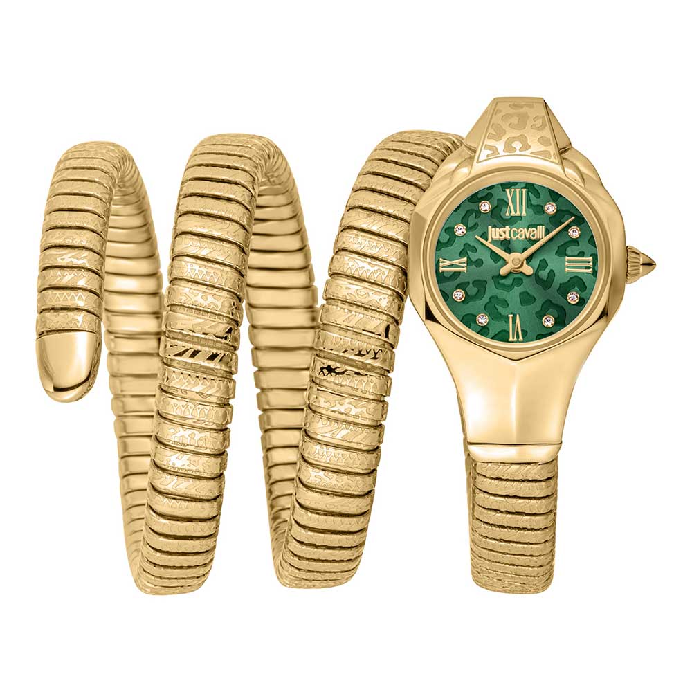 Just Cavalli SNAKE women's watch with green dial, gold-tone case and snake-coiled bracelet