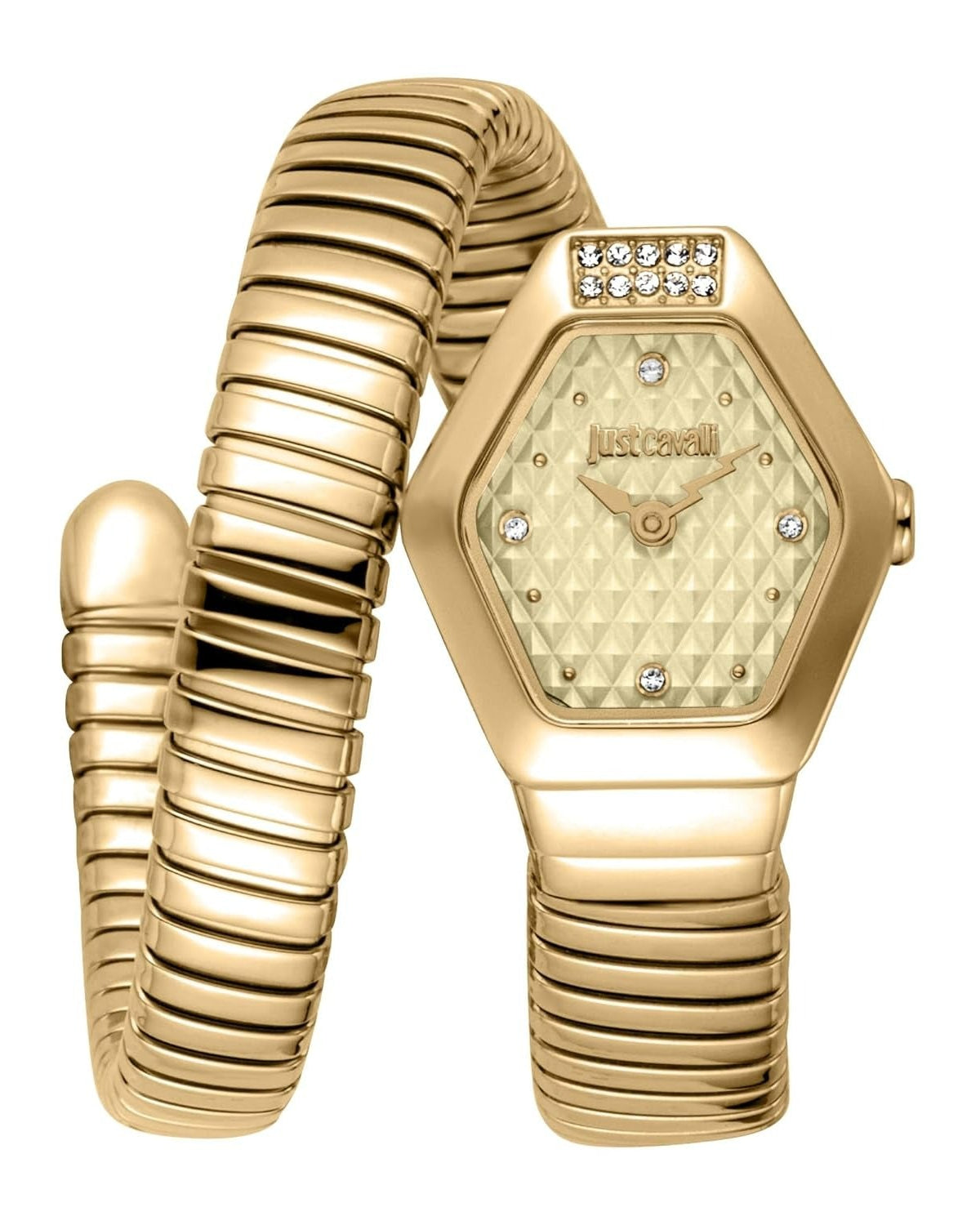 Just Cavalli Snake Splora yellow gold hexagonal watch with champagne dial and matching coil bracelet