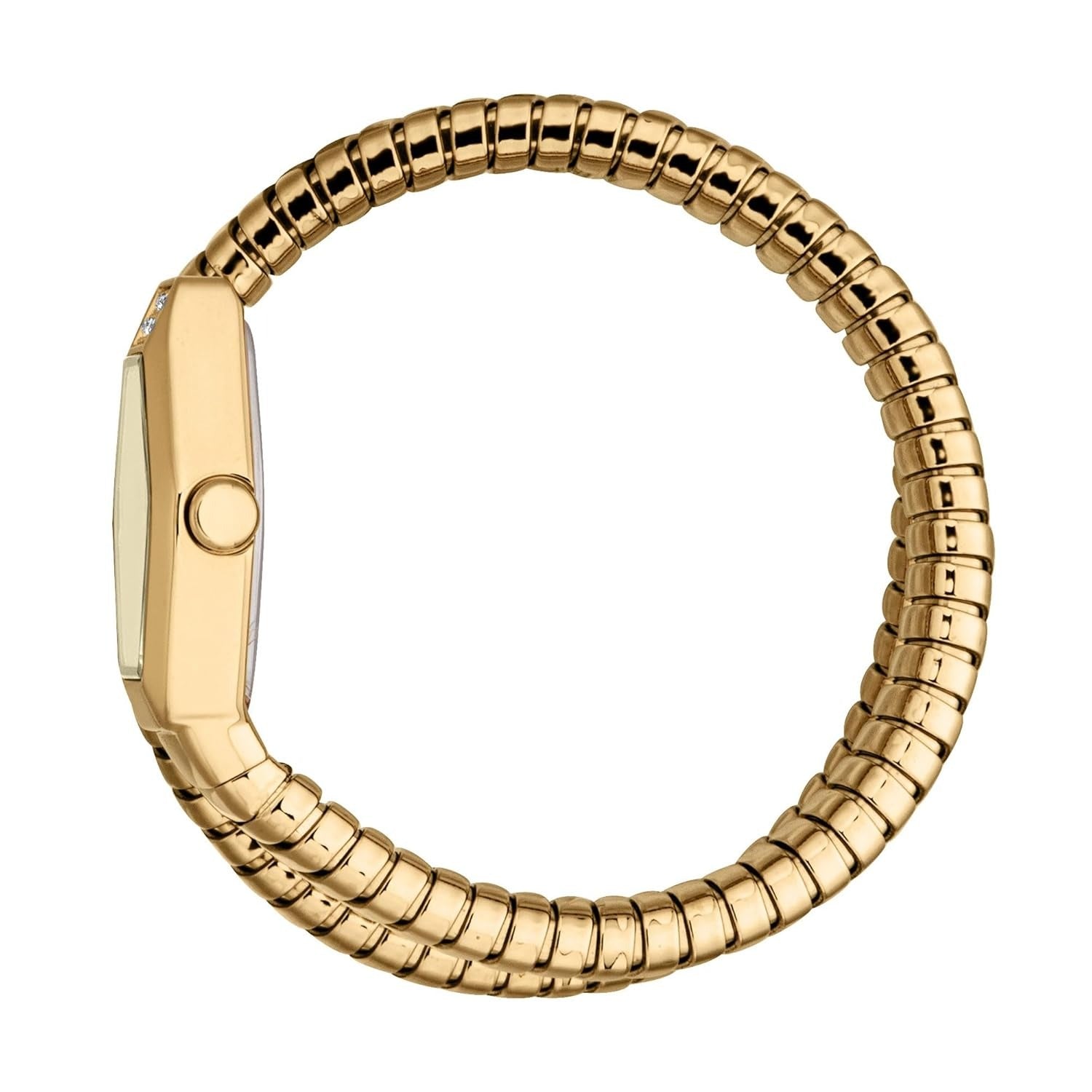 Yellow gold Snake Splora watch displayed on side showing hexagonal case and snake-coil bracelet