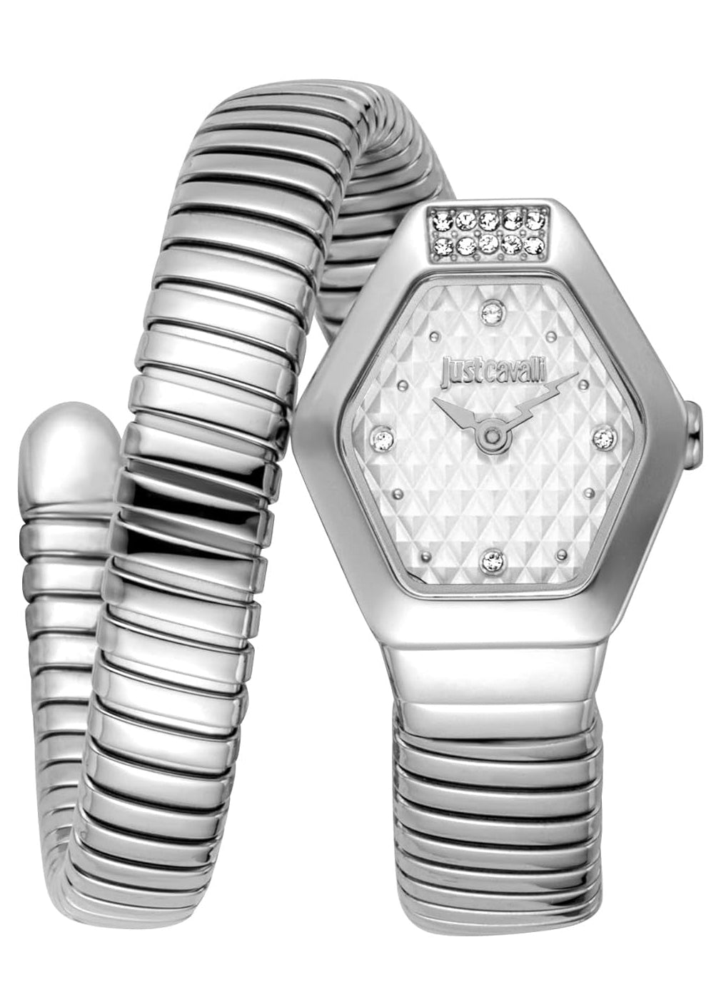 Just Cavalli Splora silver women's watch with hexagonal dial and coiled bracelet