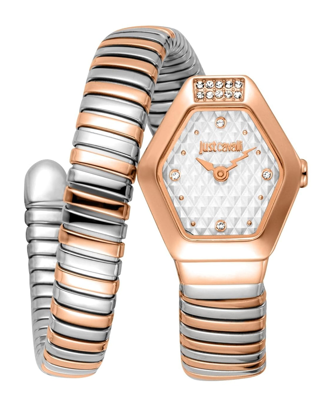 Just Cavalli Splora women's watch with rose gold hexagonal case, silver dial, crystal indices, and rose gold/silver flex strap