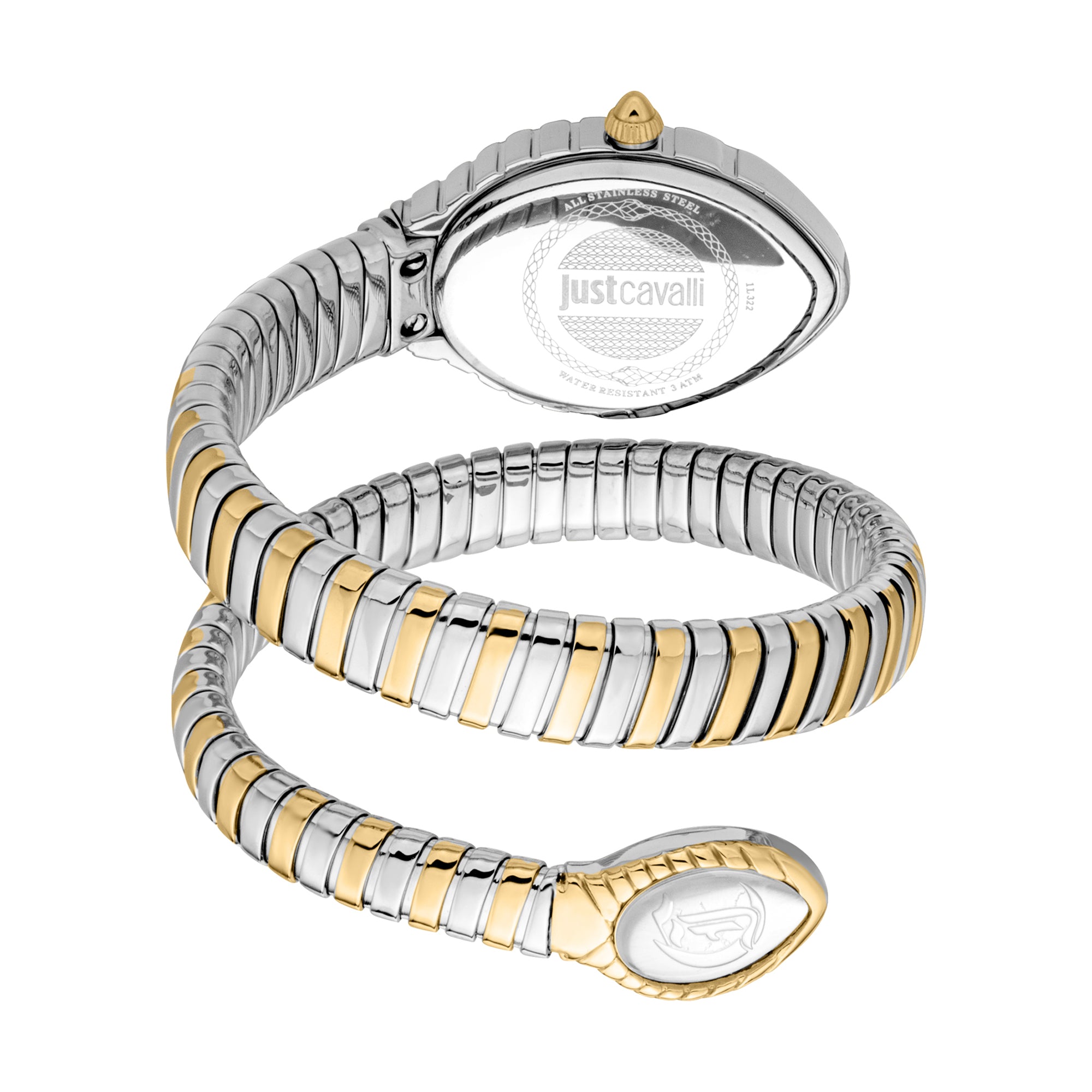 Just Cavalli Unica Snake wrapped around wrist showing two-tone striped bracelet design