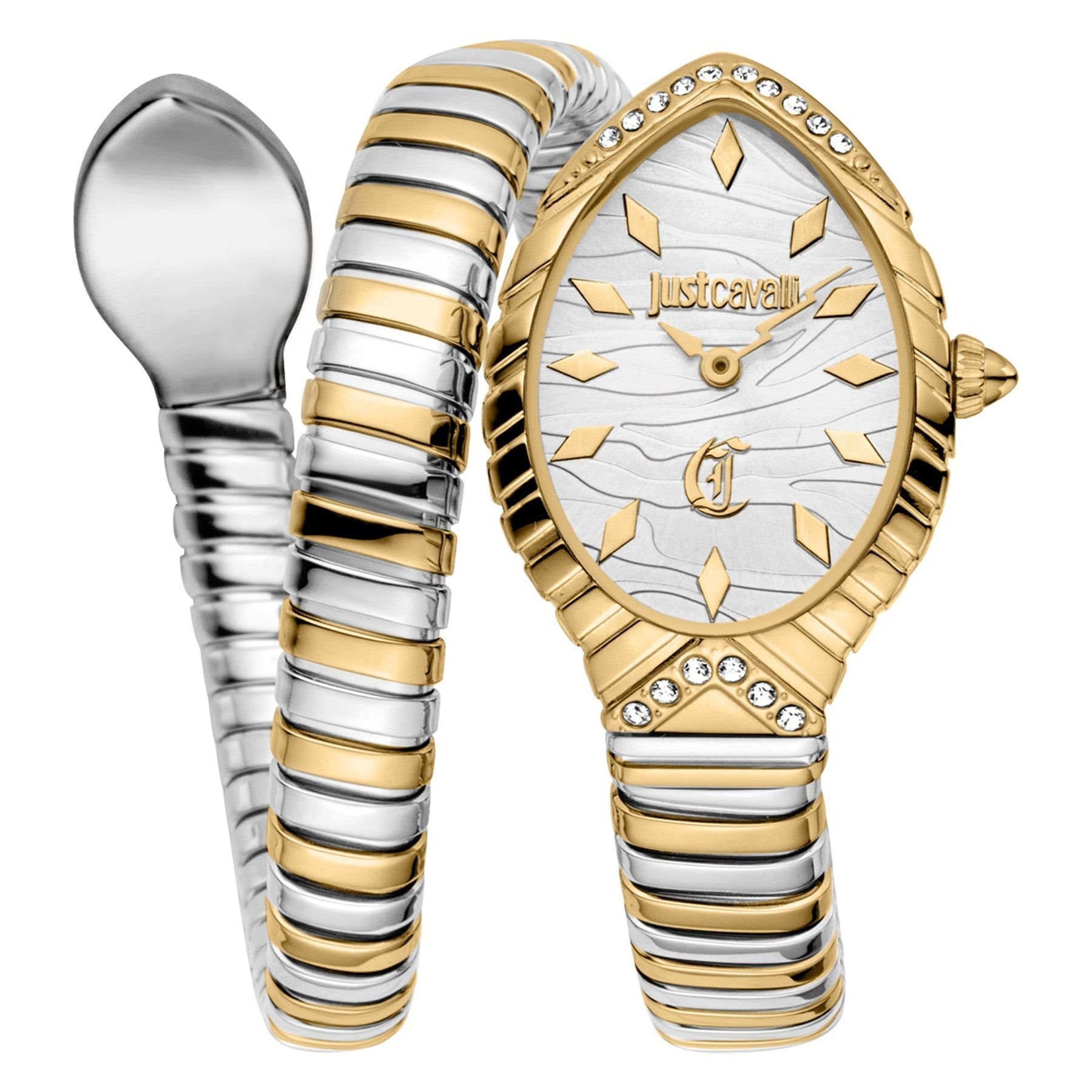 Just Cavalli Unica Snake two-tone analog watch with white dial and crystal-set bezel
