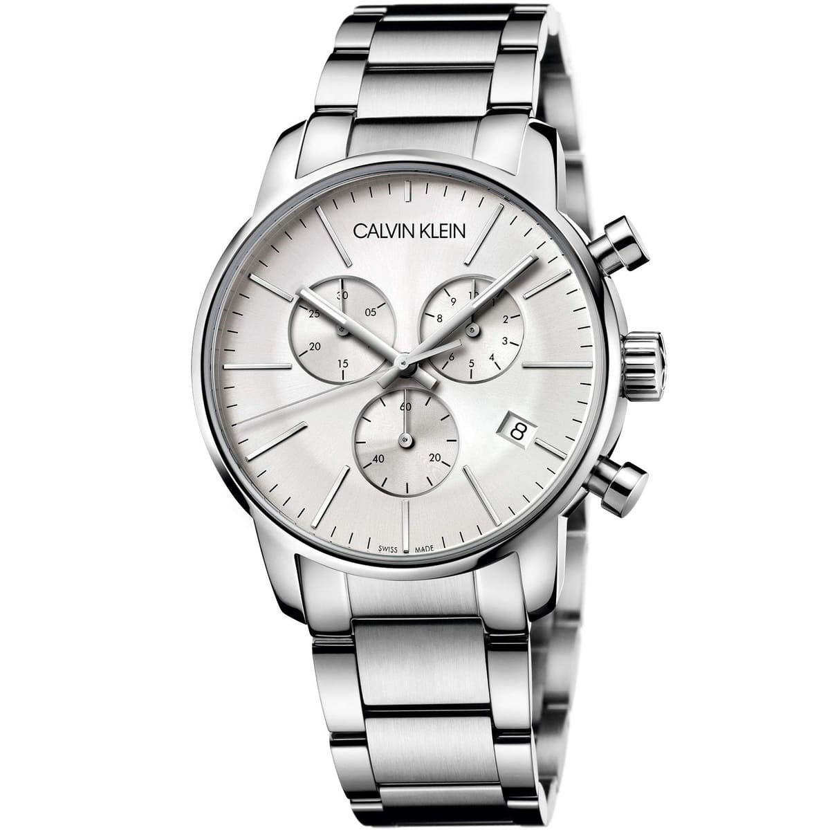 Calvin Klein City chronograph watch with white dial and stainless steel bracelet