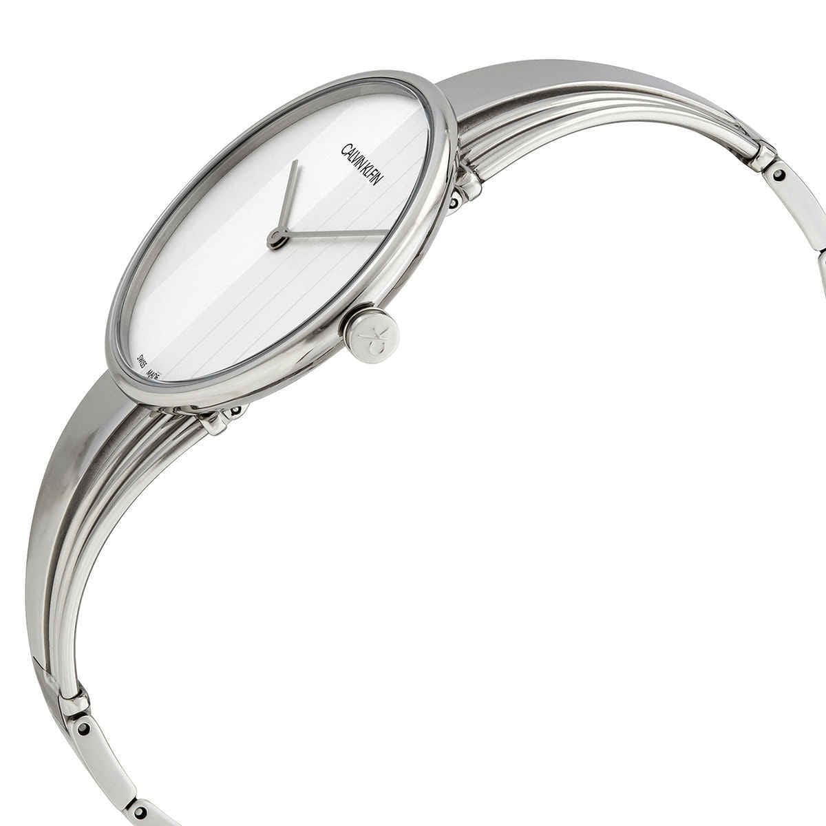 Calvin Klein Cheers watch angled view showing silver dial and metal bracelet