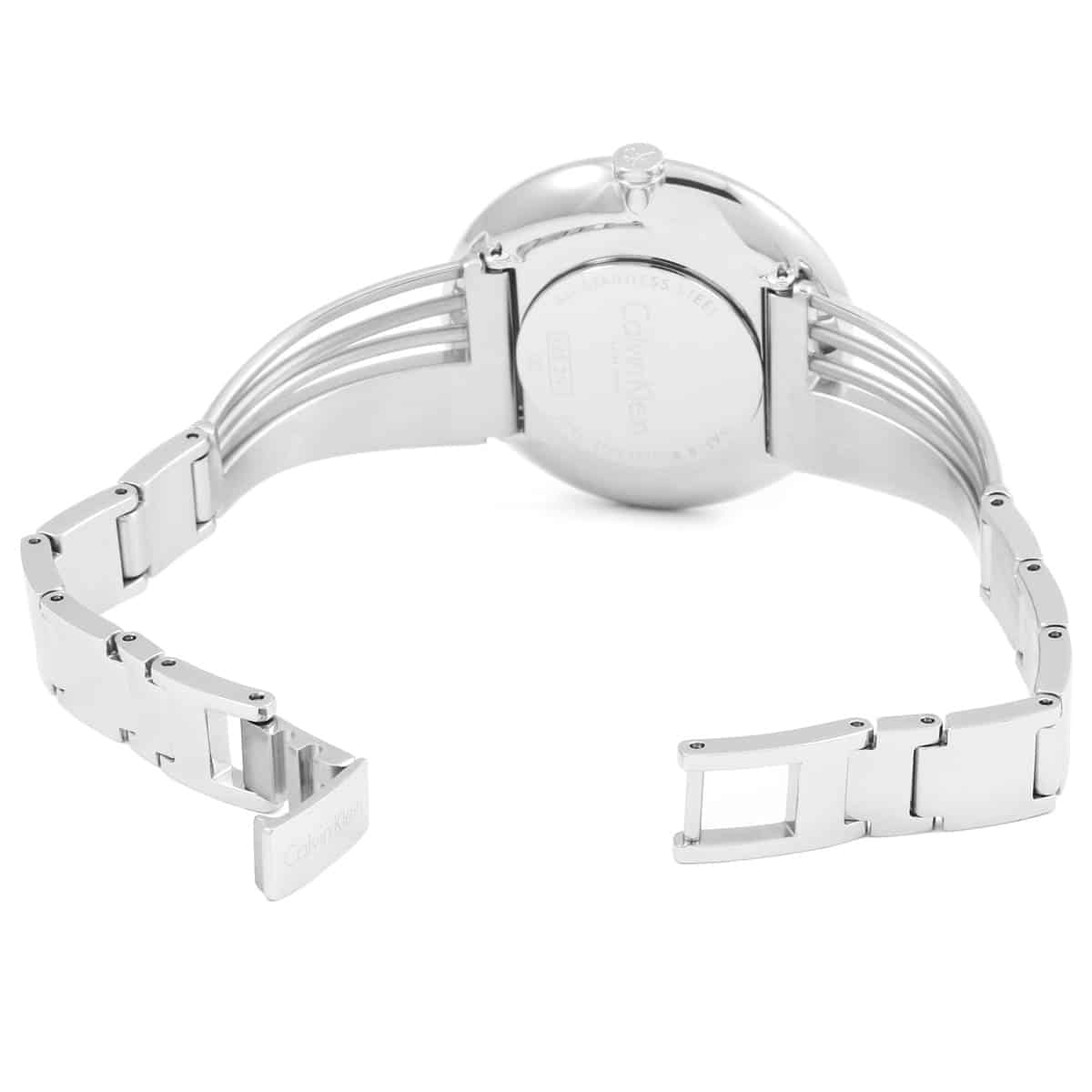 Calvin Klein Cheers watch back view showing stainless steel case and bracelet