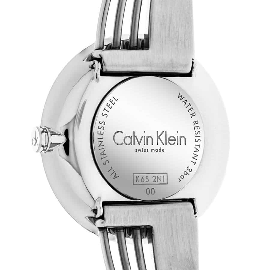 Close-up of Calvin Klein Cheers case back showing Swiss made marking and model K6S 2N1