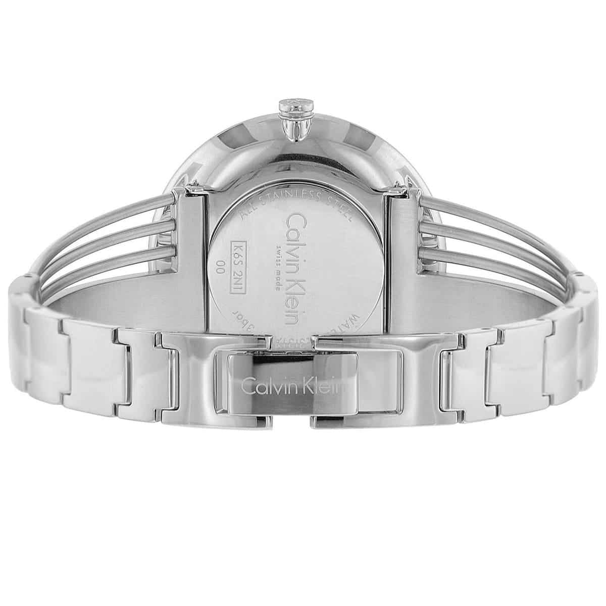 Rear view of Calvin Klein Cheers watch showing case back with metal strap