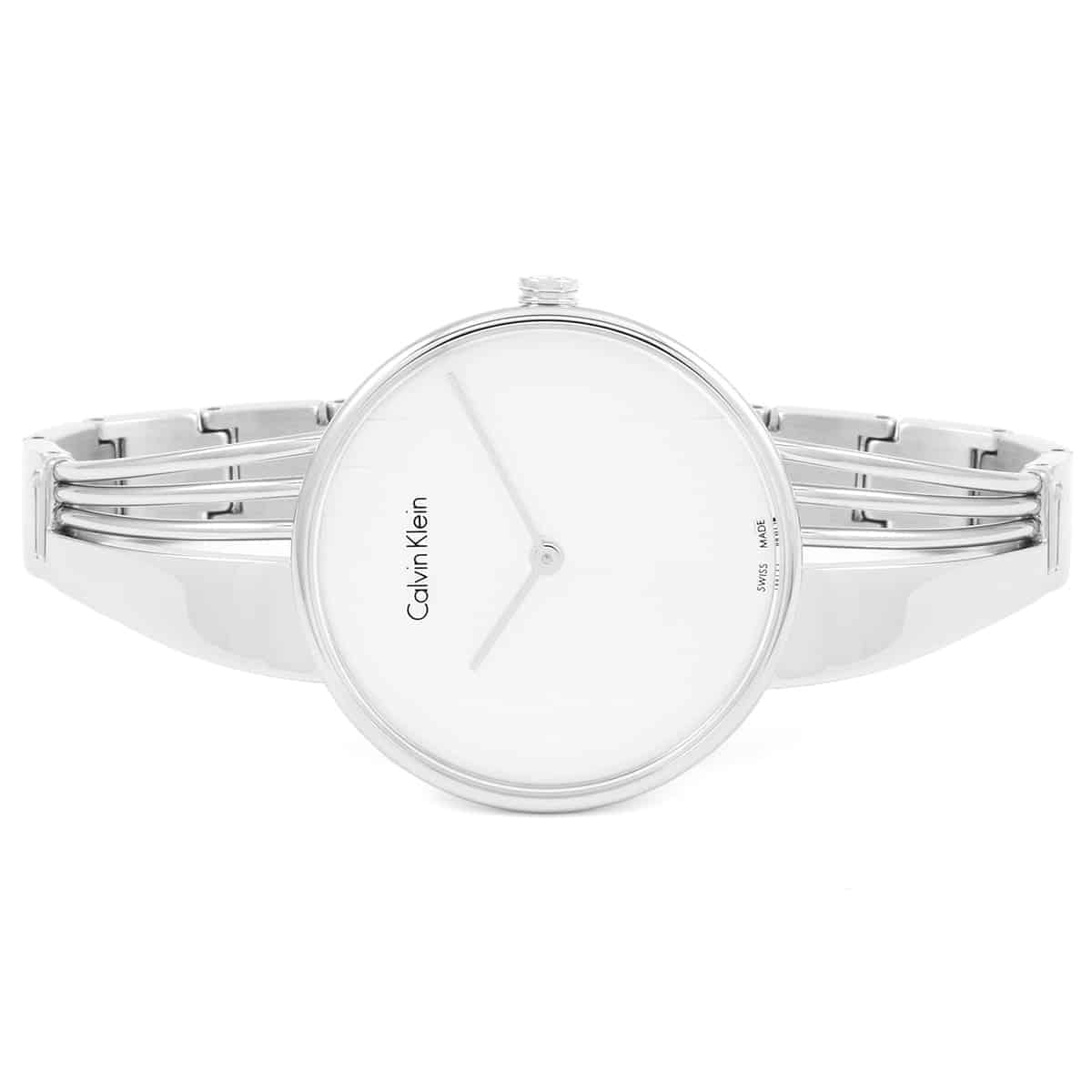 Top-down view of Calvin Klein Cheers watch with silver dial and stainless steel strap